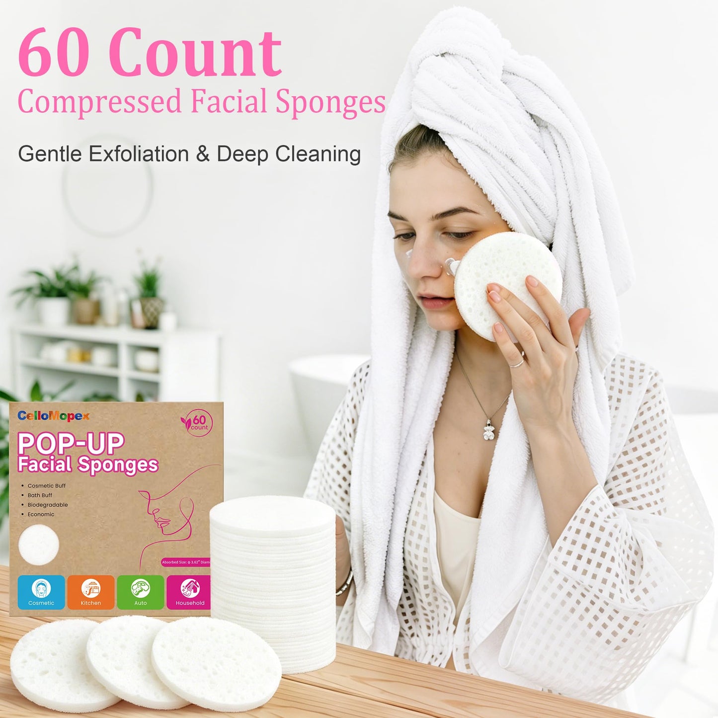 3.15in Large Compressed Facial Sponges 60 Pcs, 100% Natural Cellulose Face Sponges for Cleansing, Gentle Exfoliating, Makeup & Mask Removal, Spa Skincare, Travel Essentials for Women (White, Reusable)