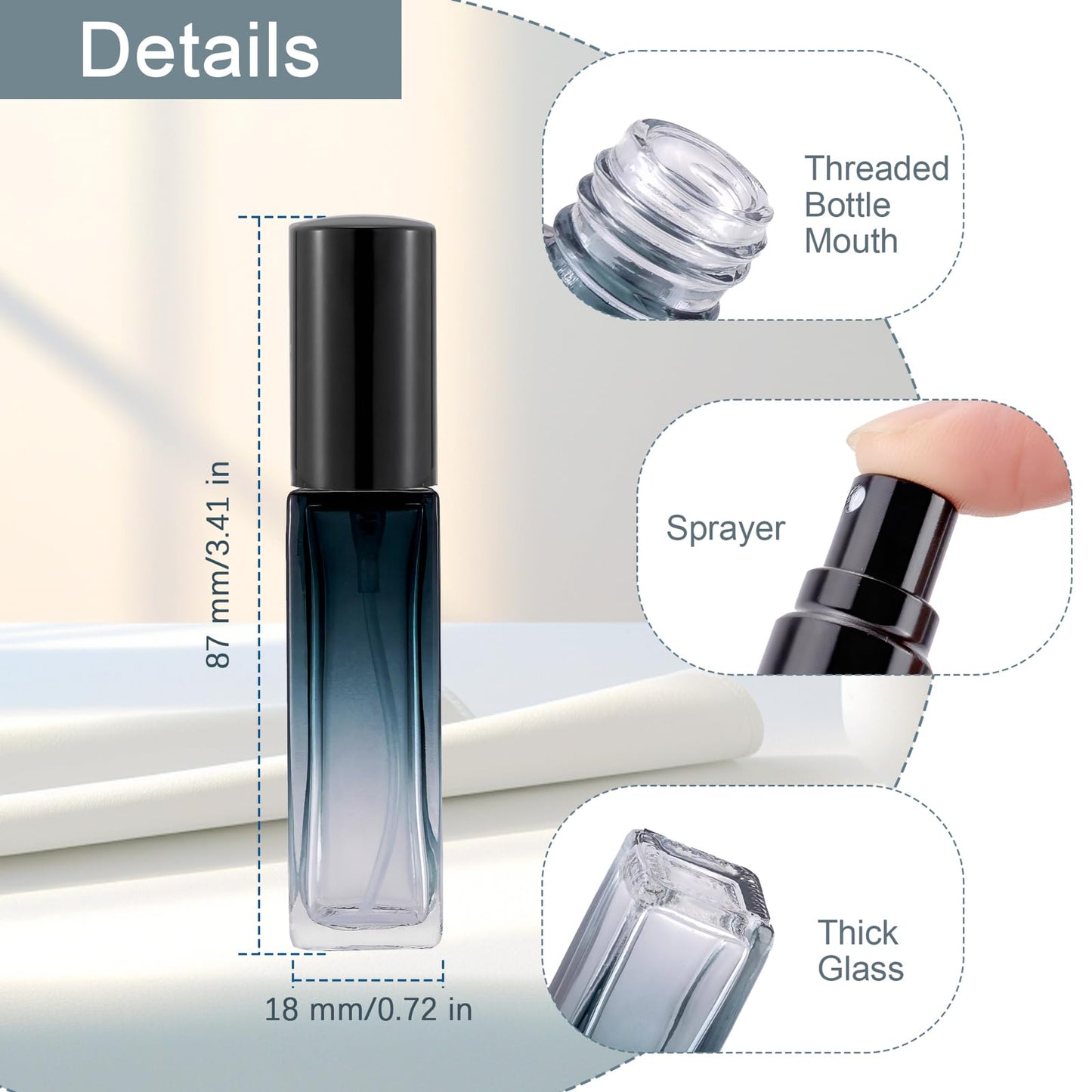 Kesell 11 Pack 10ml Spray Bottles Glass Refillable Perfume Atomizer for Travel Square Empty Bottles Containers Portable Fine Mist Perfume Vials Set with 5pcs Funnel and 5pcs Dropper (Black Cap)