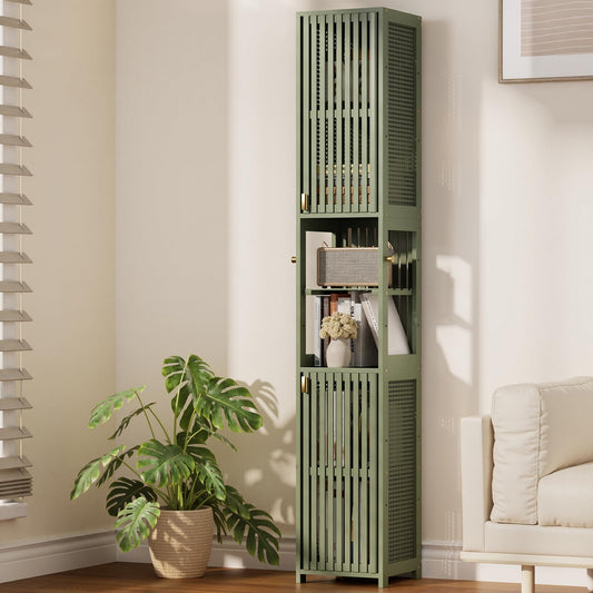 Amazer Tall Bathroom Storage Cabinet 70'', Freestanding Cabinet Storage with Rattan Door and Adjustable Shelves, Bamboo Narrow Storage Cabinet Organizer for Living Room Kitchen, Forest Green