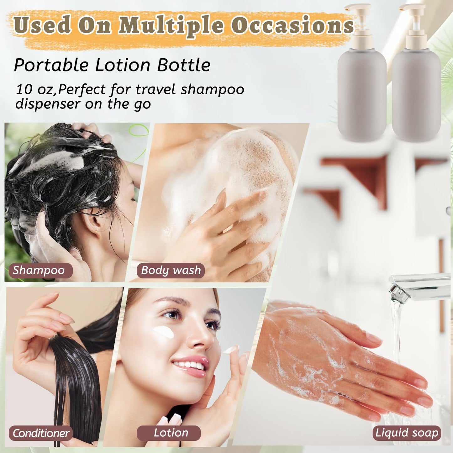 DMuuuDM 6 Pcs 10 oz Soft Plastic Bottles with Press Pump,Empty Refillable Travel Shampoo Dispenser Container for Hand Soap,Shampoo,Lotion,Body Wash,Conditioner,Silicone Funnel Included (Grey)