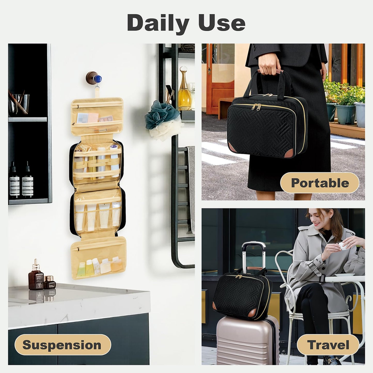 LANDFOBO Toiletry Bag for Women, Hanging Travel Toiletry Bag with Jewelry Organizer Compartment Large Makeup Bag, Cosmetic for Travel Business Trips Camping Bathroom Black