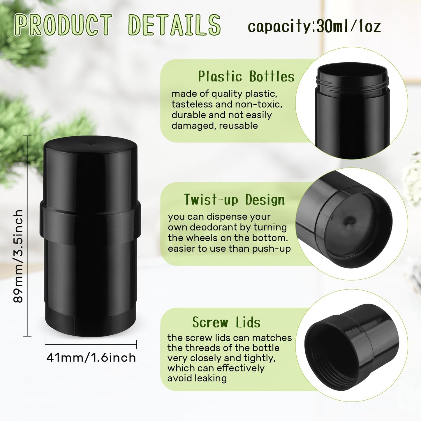 glasstore 15 Pcs Plastic Empty Deodorant Containers Twist-up DIY Deodorant Tubes Top Filling Refillable Lip Balm Tubes For Deodorant Lip Balm Lotion Sticks etc (black, 30ml/1oz)
