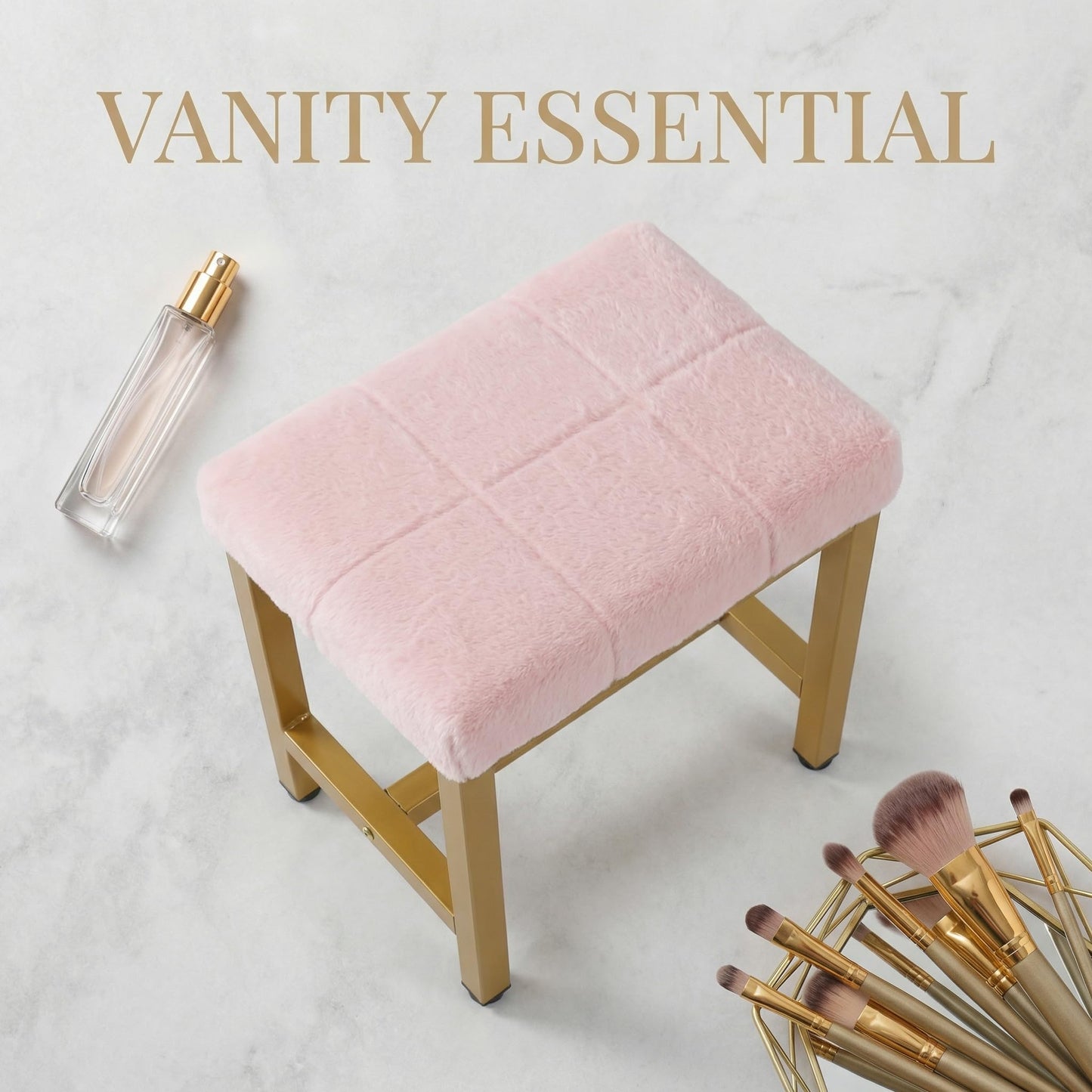 FLYZC Vanity Stool Chair, Square Faux Fur Makeup Chair with Metal Legs, Cute Small Ottoman Vanity Bench, Foot Stool Chair for Vanity for Bedroom, Living Room, Bathroom, Pink & Gold