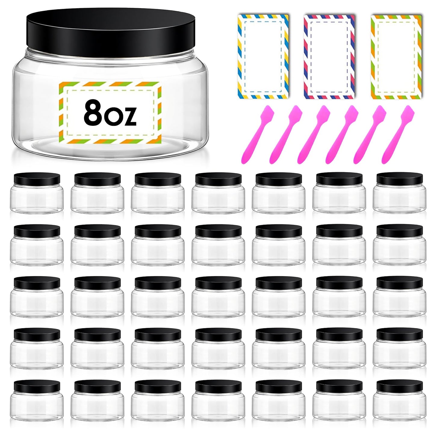 36 Pack 8 oz Plastic Cosmetic Containers With Lids Refillable Clear Empty Travle Jars Containers for Body Butter,Sugar Scrubs,Cream,Lotions,Candy, Waterproof Label&Spatulas - (Black Lid)
