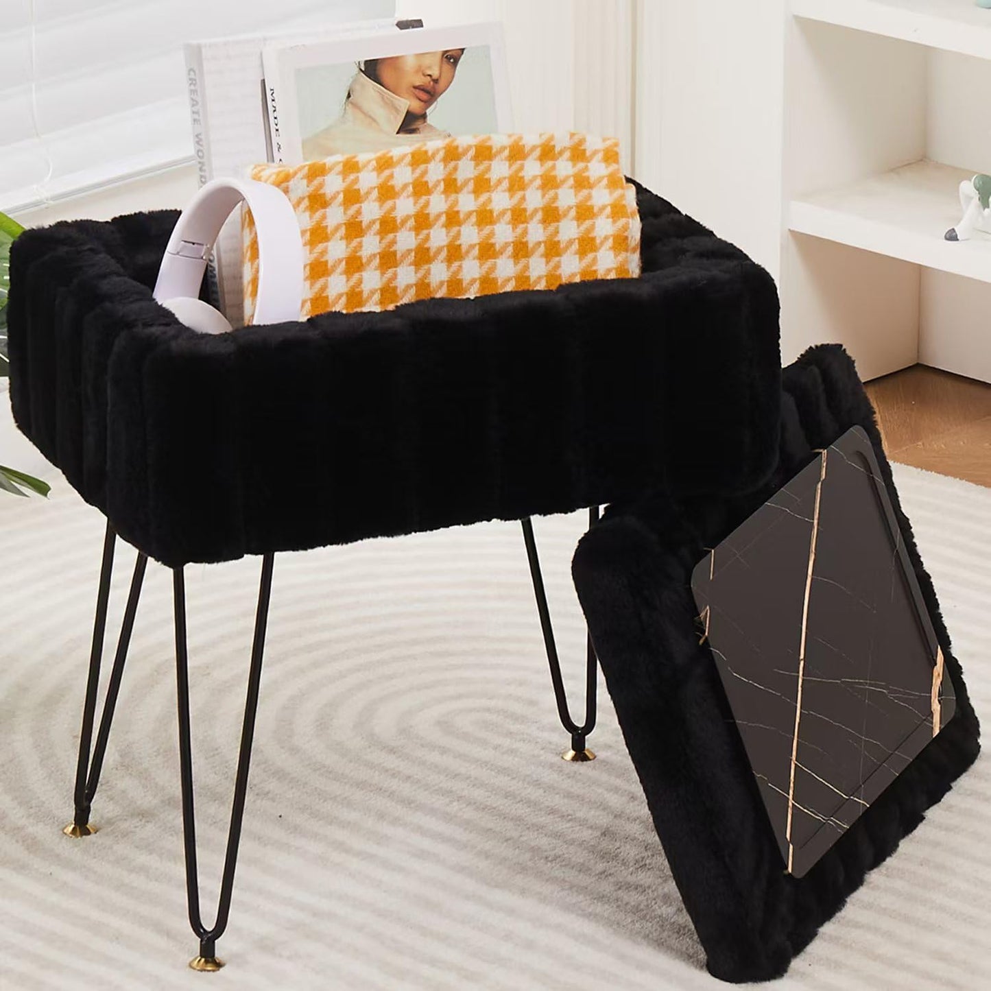 Wimarsbon Storage Ottoman, Vanity Stools with Metal Legs, 16.5" x 11.8" x 18" Modern Faux Mink Fur Footstool, Makeup Chair with Anti-Slip Feet, Accent Table,Footrest,Storage Bench for Bedroom