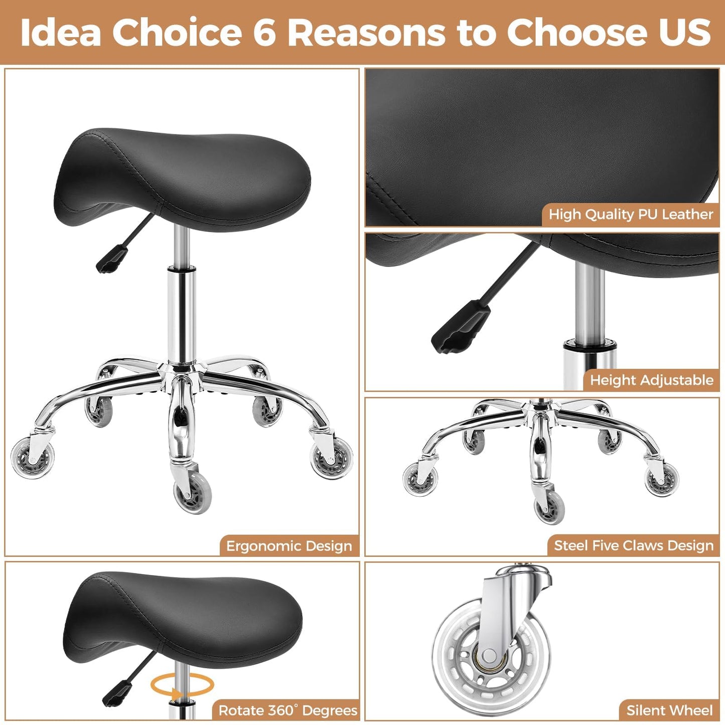 BEWISHOME Ergonomic Saddle Stool, Height-Adjustable Rolling 360° Swivel Saddle Chair with Thickened Saddle Seat Padding, Saddle Stool with Wheels for Salons, Spas, Office, Black BMD02B