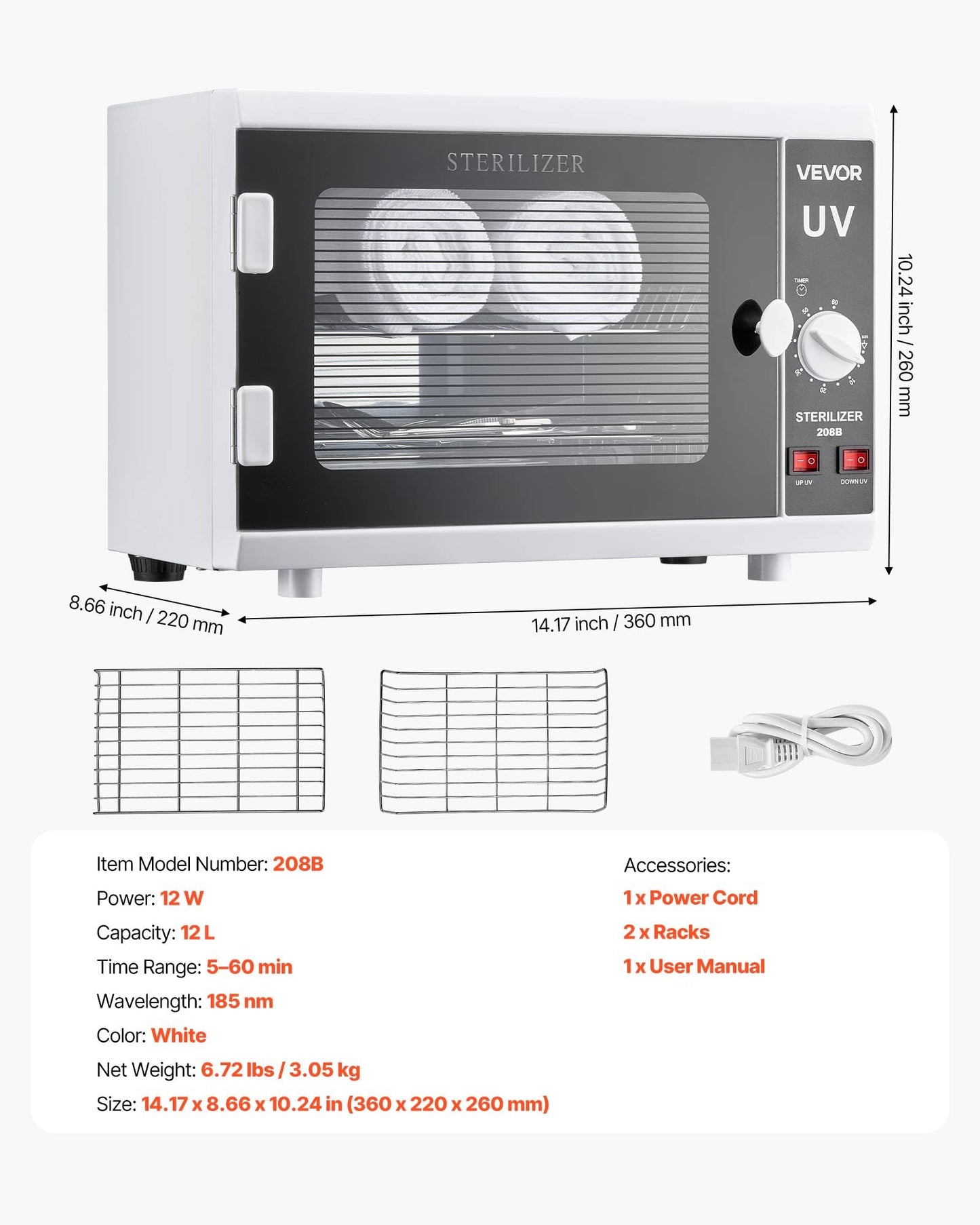 VEVOR Nail Tool Cleaning Machine, 12L Large Capacity, Knob Control, Tool Cabinet Cleaner Box with Timer Setting, Tempered Glass Door, 185nm Wavelength, for Labs, Home, Nail Salons, Beauty Salons