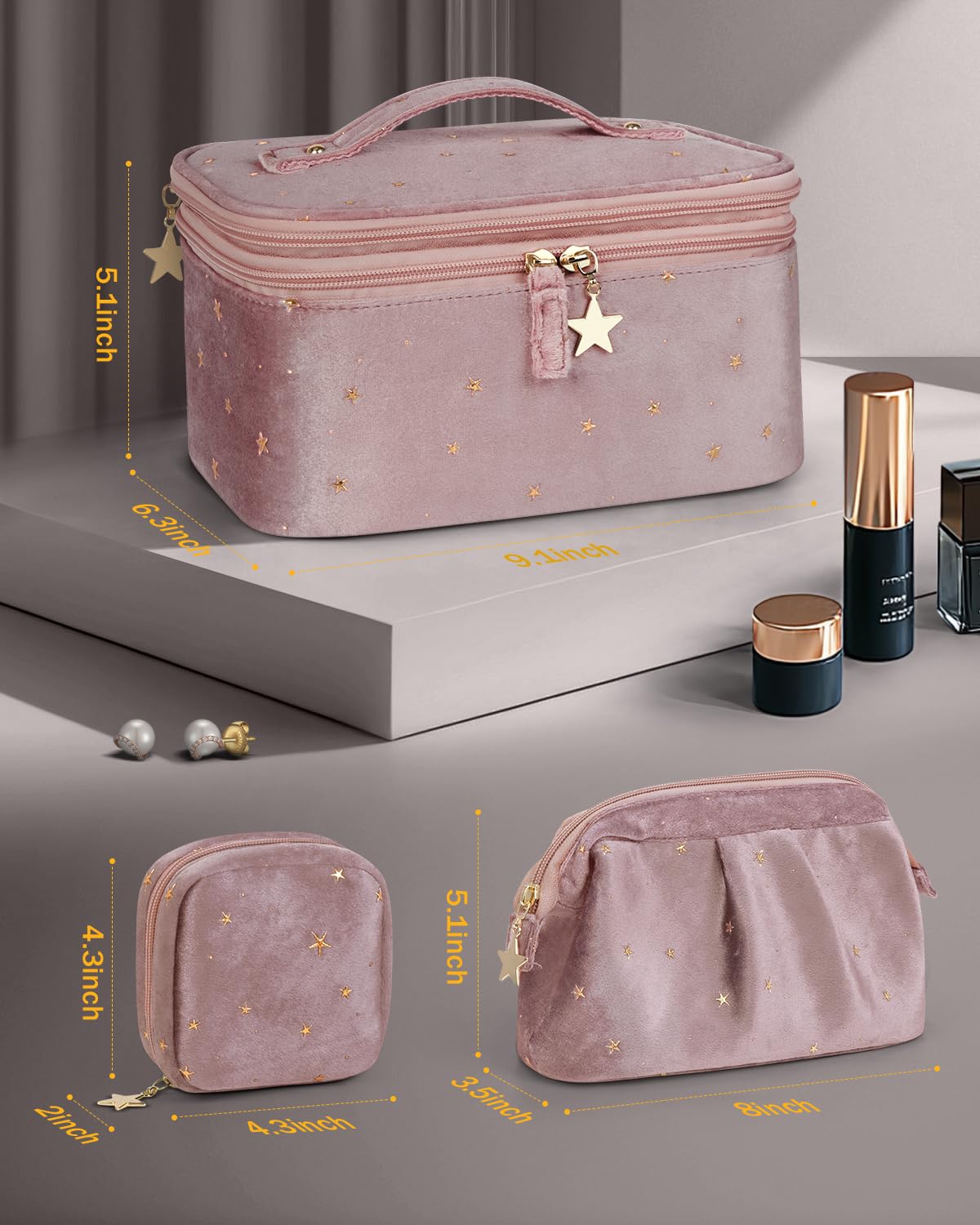Wedama Makeup Bag Gift for Women, Double-layer Cosmetic Bag with Jewelry Storage and Brush Holder 3 Pcs Velvet Makeup Organizer Bag Gift Set Travel Toiletry Bag for Women Girls, Pink