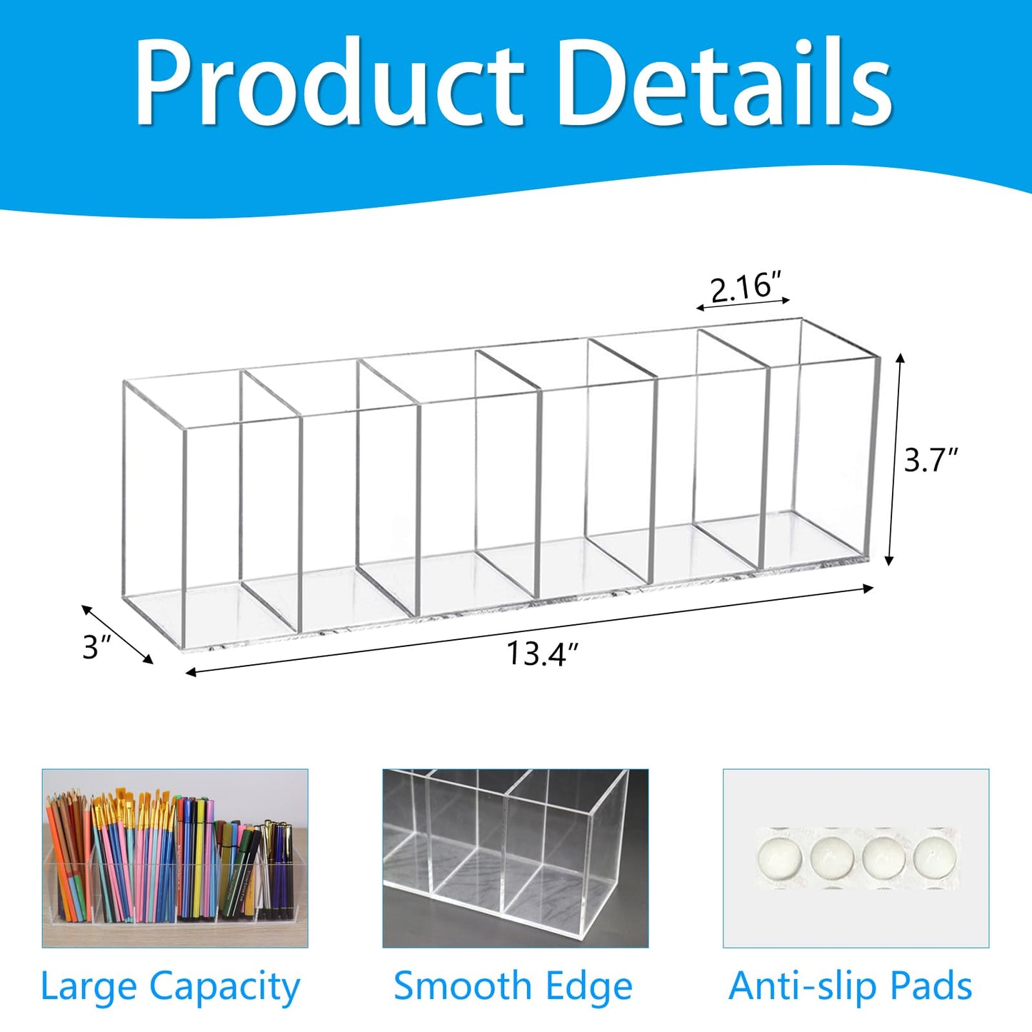 Flytreal Acrylic Pen Holder for Desk, 6 Compartments Clear Pencil Marker Makeup Brush Stationery Organizer for Art Supplies, Desk Accessories, Office Supplies, Vanity, Bathroom, Kitchen