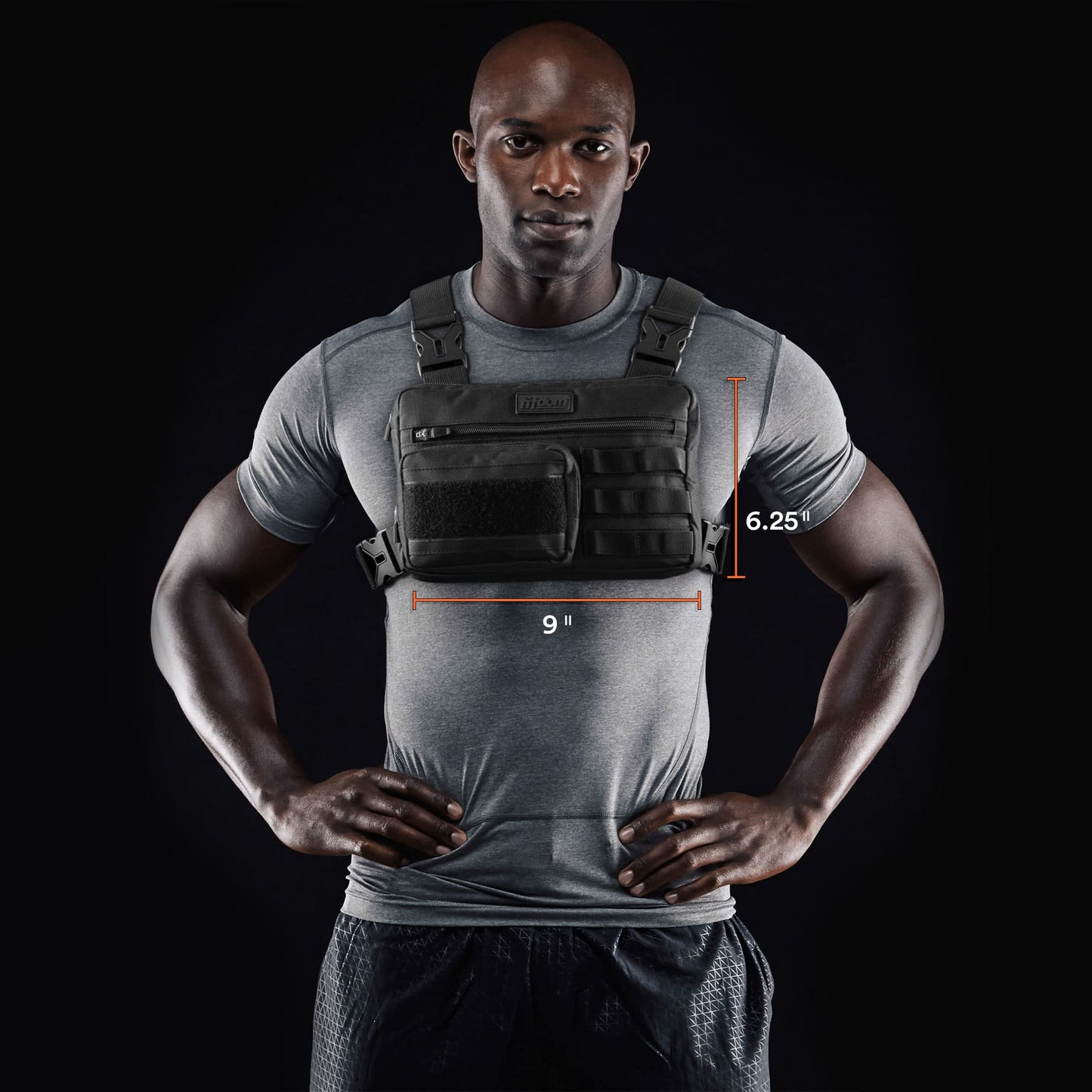 Fitdom Tactical Inspired Lightweight Running Chest Pack For Men With Built-In Phone Holder. A Sports Utility Rig Vest Made For Workouts And Outdoor (Maximum Stability, Blaack)