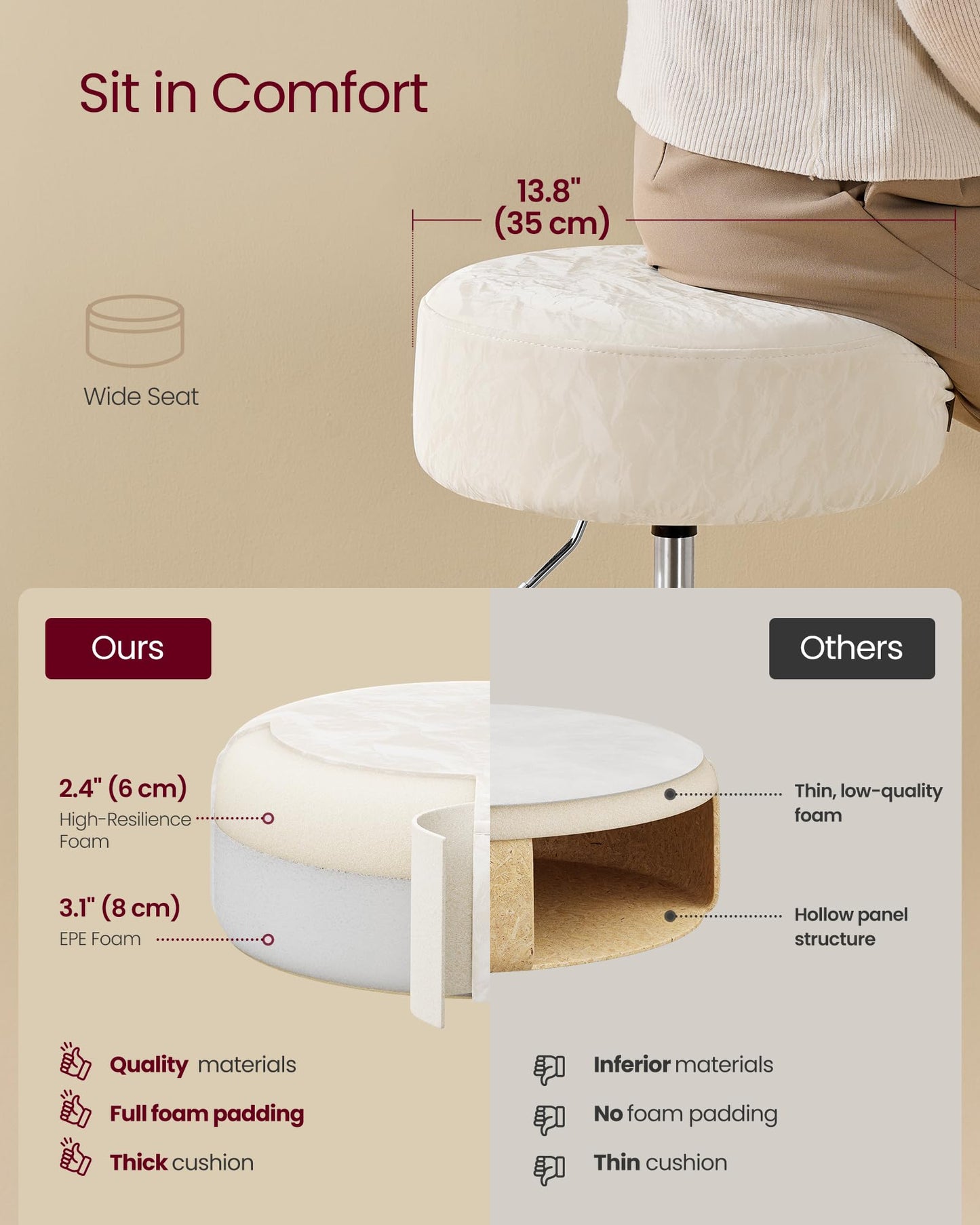 VASAGLE Adjustable Bar Stool, 360° Swivel, PU Leather, Thick Cushion, for Kitchen, Dining Room Bedroom, Modern, Cream White