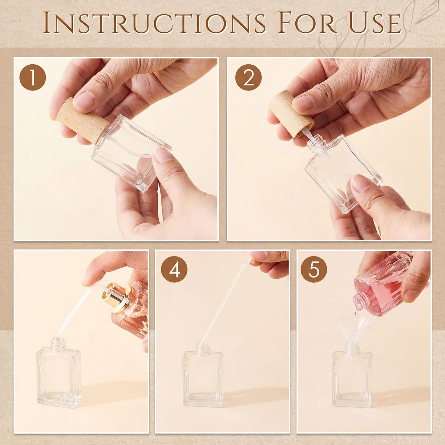 Domensi 30 Pcs 10/15/30/50 ml Glass Square Perfume Bottles Mini Glass Empty Spray Atomizer Bottles Bulk Refillable Perfume Dispenser Container with Pump Tool for Travel (15 ml,Light Woddy Color)