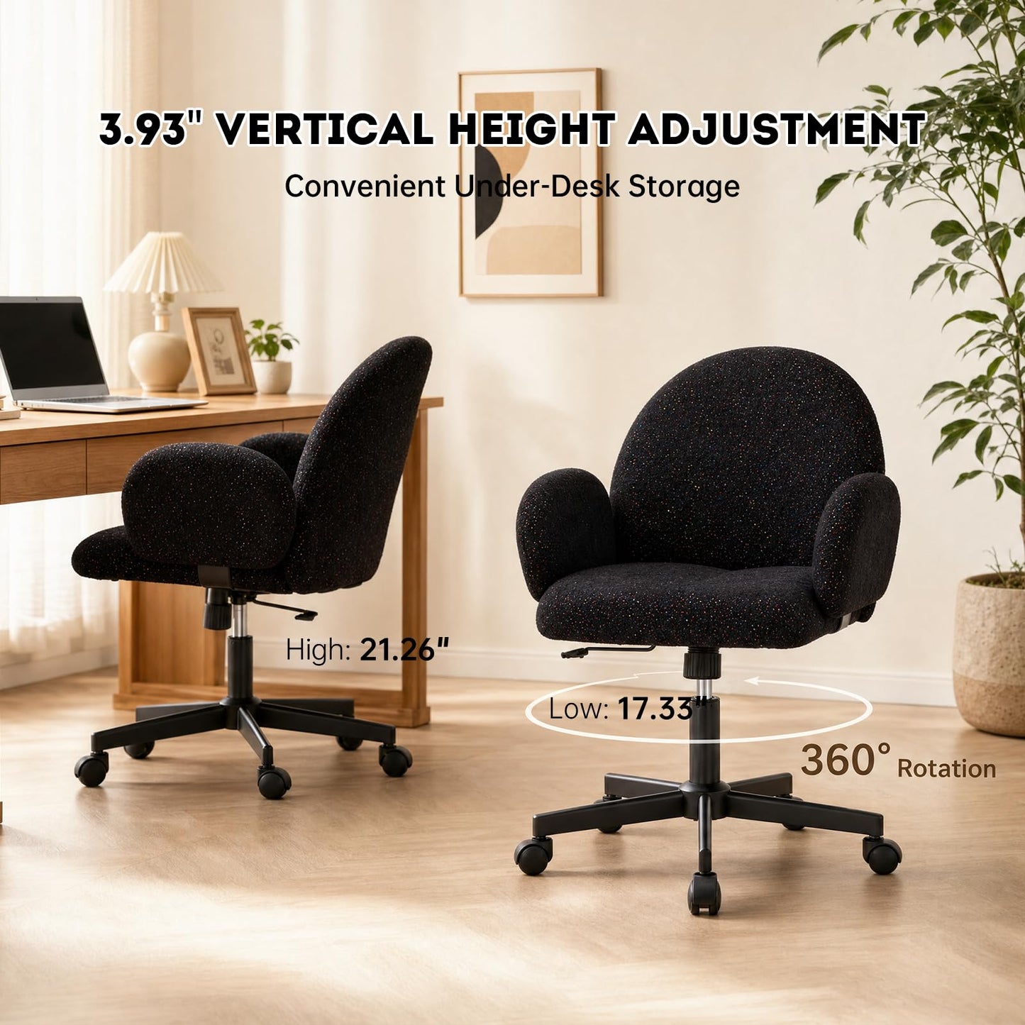 XYPFURN Home Office Desk Chair with Petal Backrest, Starry Chenille Cute Swivel Vanity Chair Adjustable Height, Comfy Upholstered Computer Chair with Wheels for Bedroom Living Room Makeup (Black)