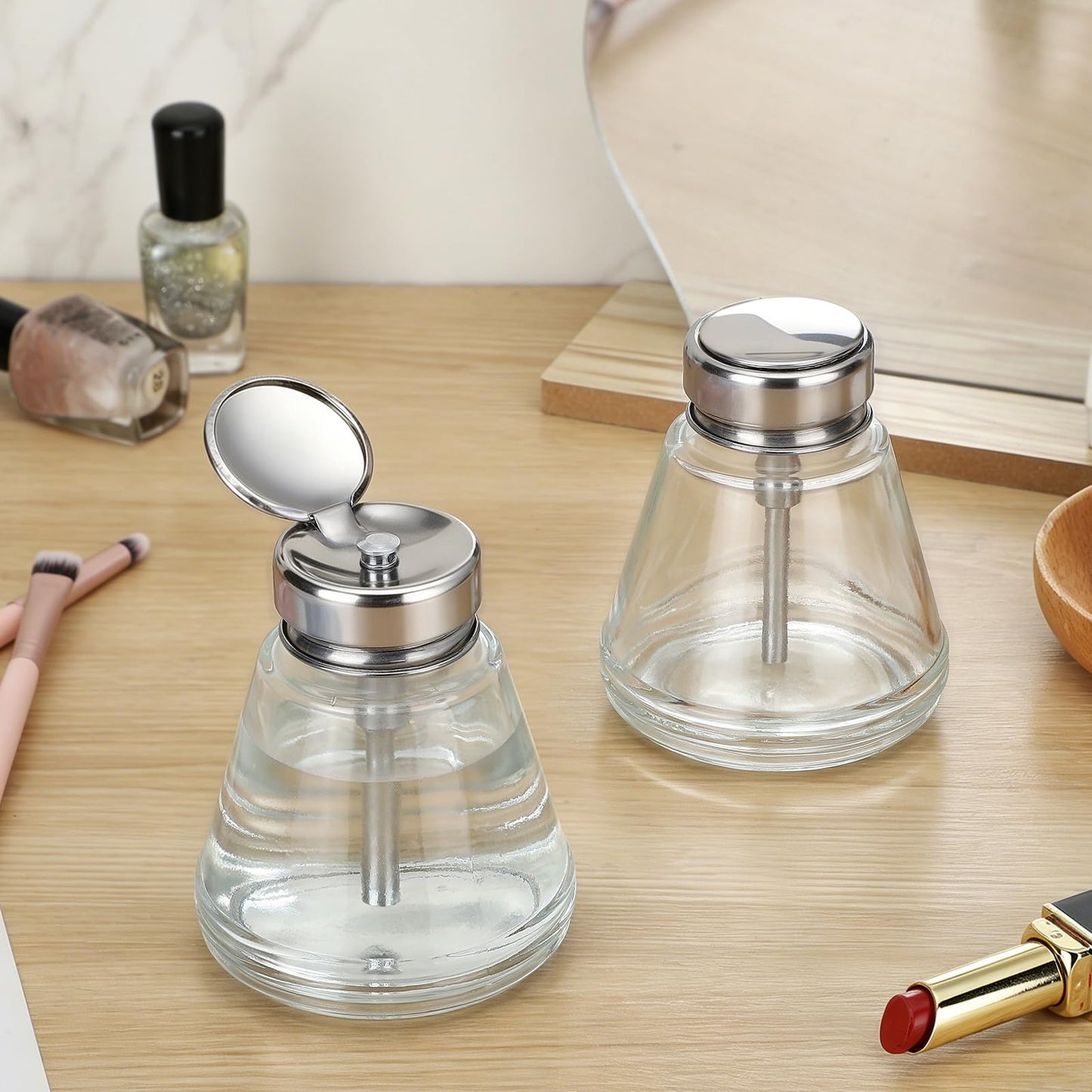 2 PCS 6Oz / 180ml Glass Acetone Pump Dispenser, Cone Alcohol Dispenser Push Down Nail Bottle Pump for Makeup, Acetone Bottle Dispenser for Nail Polish Remover Push Down Pump Dispenser w/Flip Top Cap