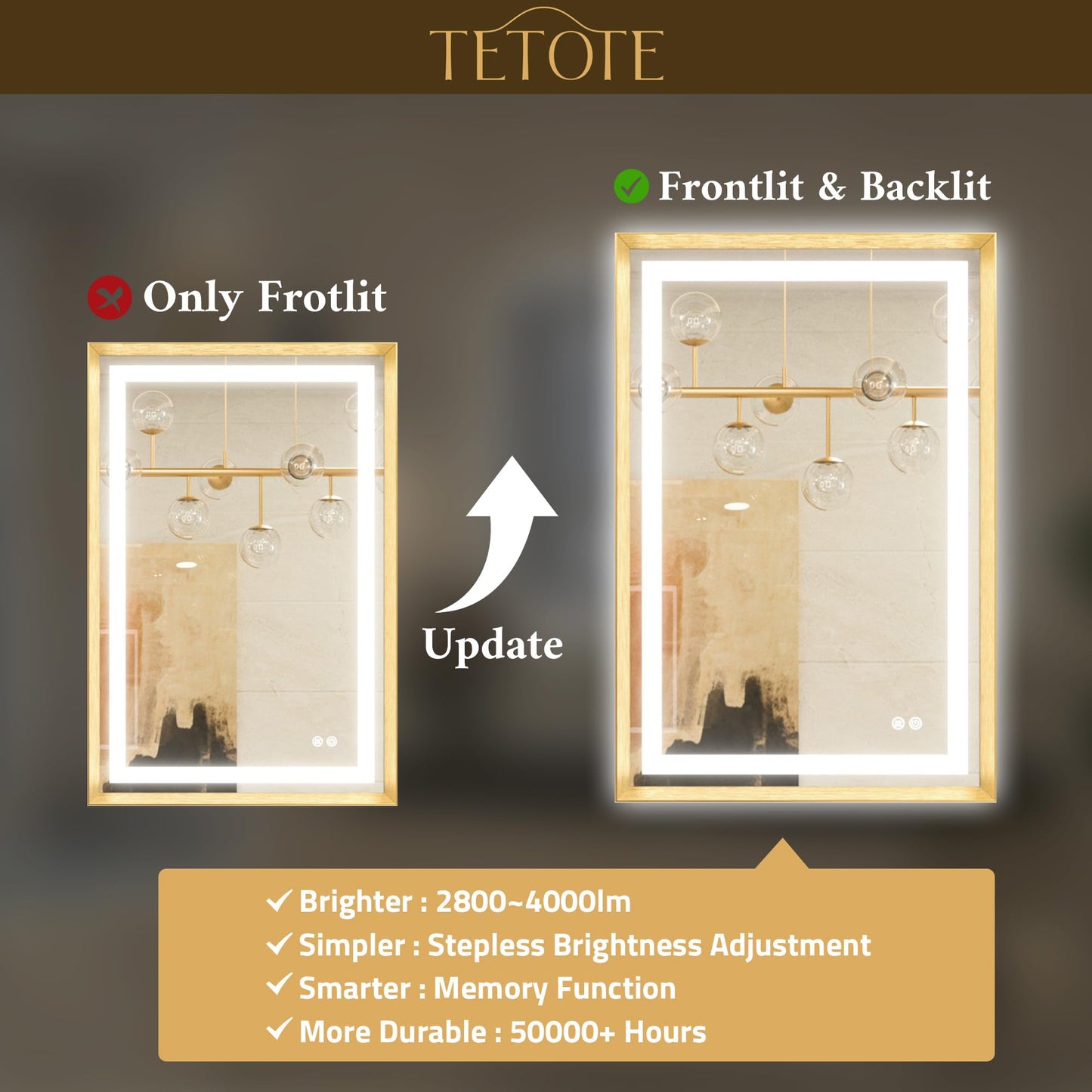 TETOTE 24 x 32 Bathroom LED Mirror Brushed Gold Metal Frame Frontlit & Backlit Vanity Mirror Anti-Fog Stepless Dimmable 3 Colors White/Warm/Natural Mirror with Lights Wall-Mounted