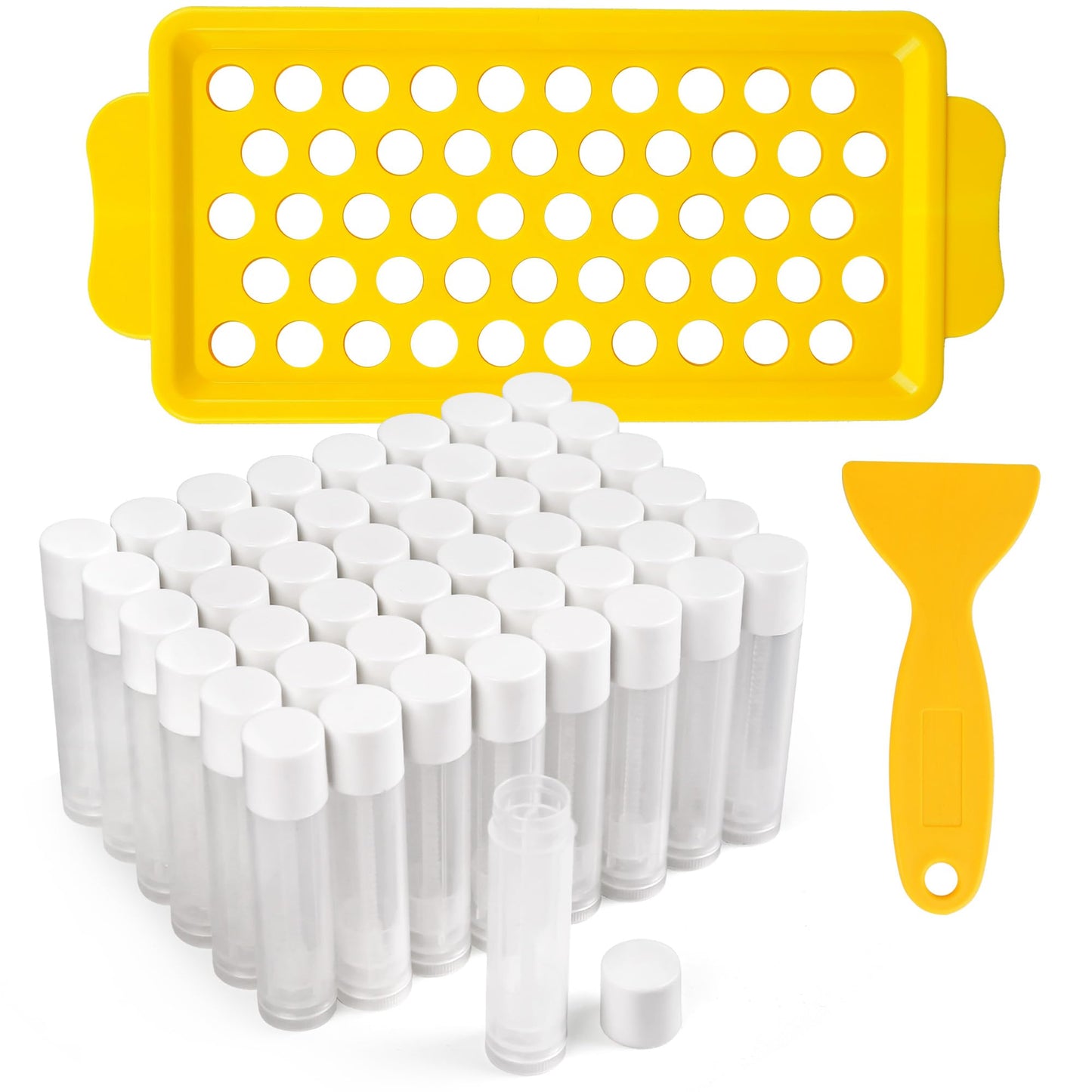 LotFancy Lip Balm Tubes Kit with Filling Tray & Spatula, 50 Pcs 5.5ml (3/16 oz) Clear Empty Lip Balm Containers with White Caps, BPA-Free, Leak-Resistant