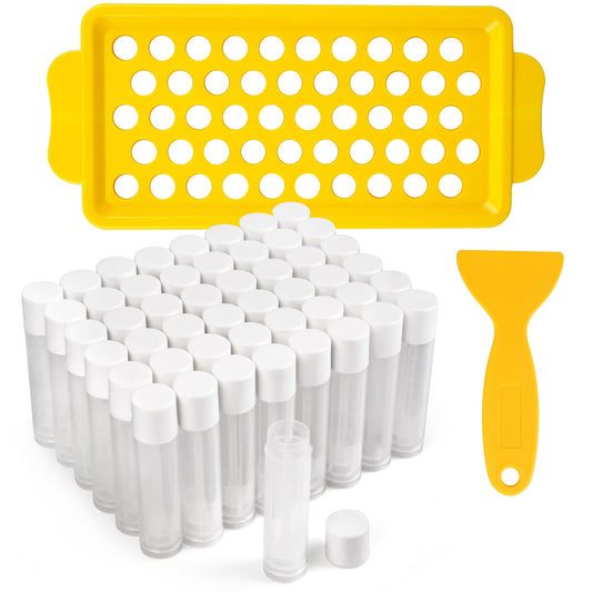 LotFancy Lip Balm Tubes Kit with Filling Tray & Spatula, 50 Pcs 5.5ml (3/16 oz) Clear Empty Lip Balm Containers with White Caps, BPA-Free, Leak-Resistant
