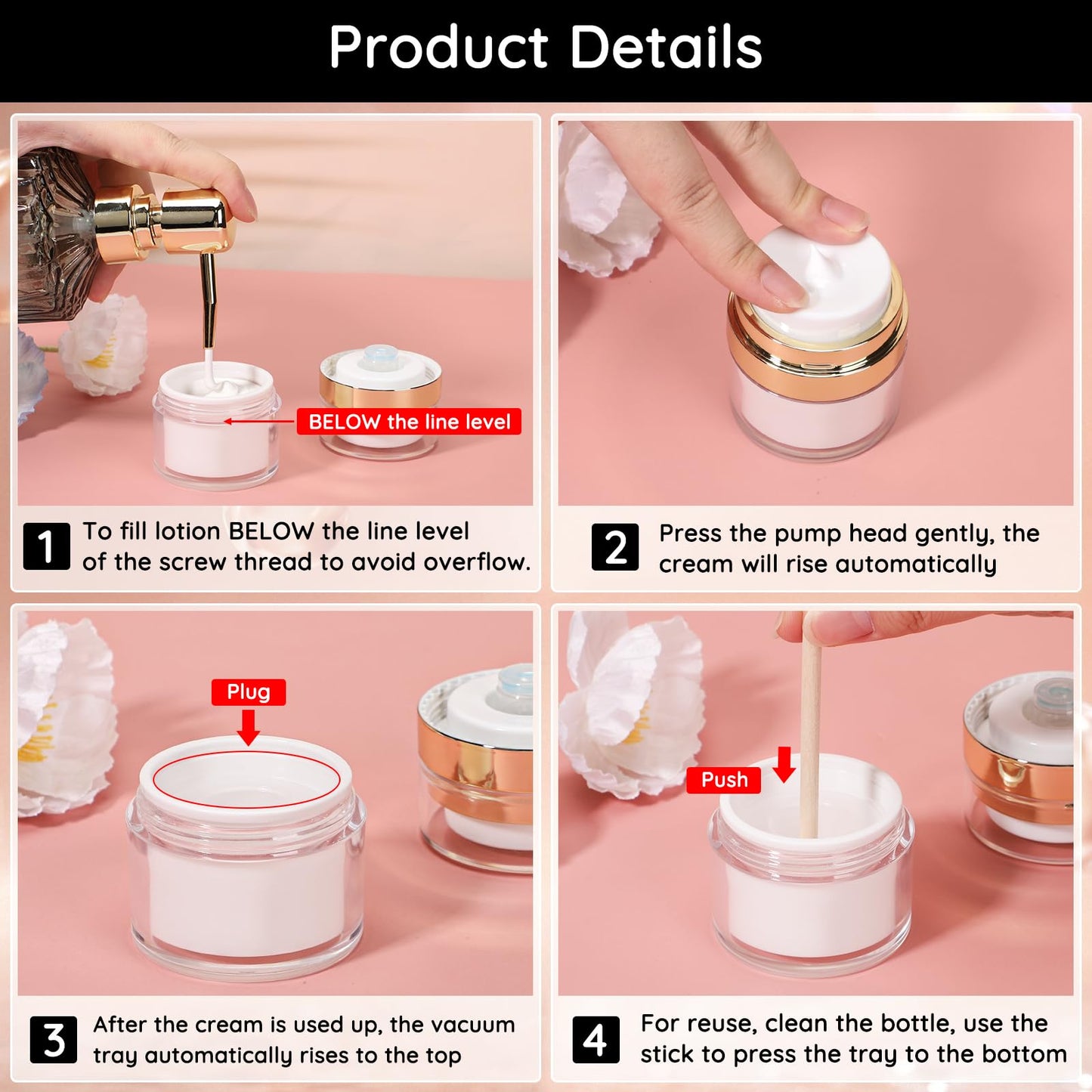 Segbeauty 7pcs Vacuum Lotion Dispenser Sprayer Set, Airless Pump Bottles Travel Size, Empty Golden Airless Pump Jar for Creams, Refillable Vacuum Fine Mist Spray Bottle Atomizer 0.5oz 1oz 1.7oz