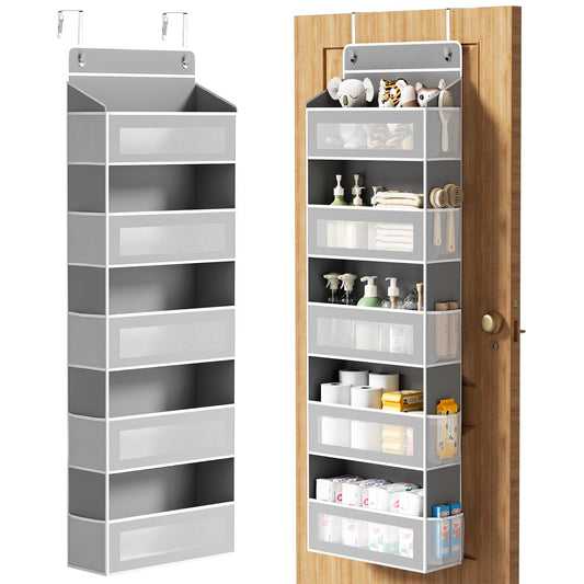 Over The Door Organizer, Over the Door Storage with 5 Large 10 Side Pockets, Hanging Door Organizer 44 lb Load Behind Door Storage, Hanging Shelf for Closet Wall Bedroom Bathroom Nursery, 5-Tier Grey