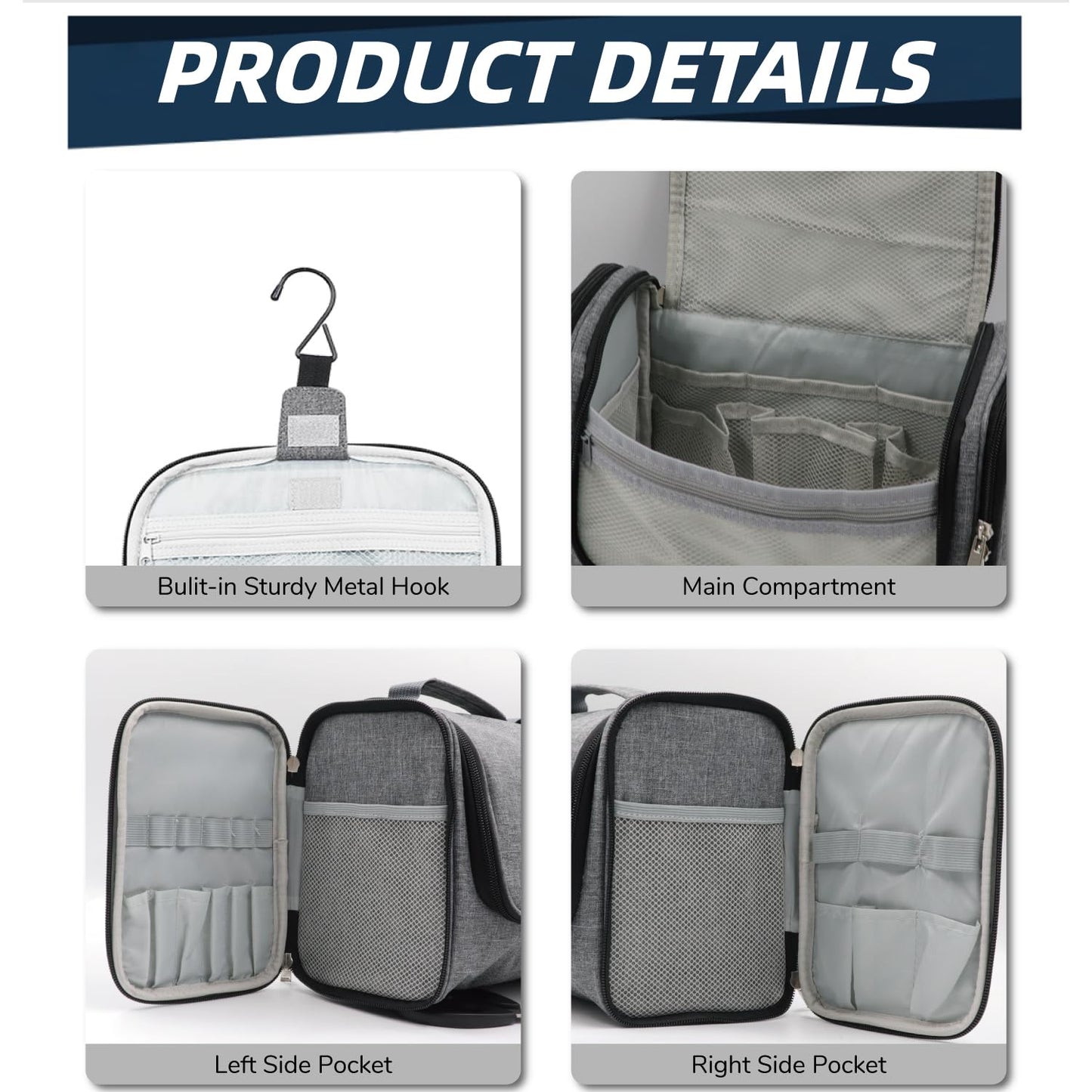 Buruis Hanging Toiletry Bag for Women and Men, Large Water-Resistant Makeup Organizer with Sturdy Hook, Lightweight Nylon Dopp Kit for Full-Sized Toiletries & Cosmetics, Oxford Gray