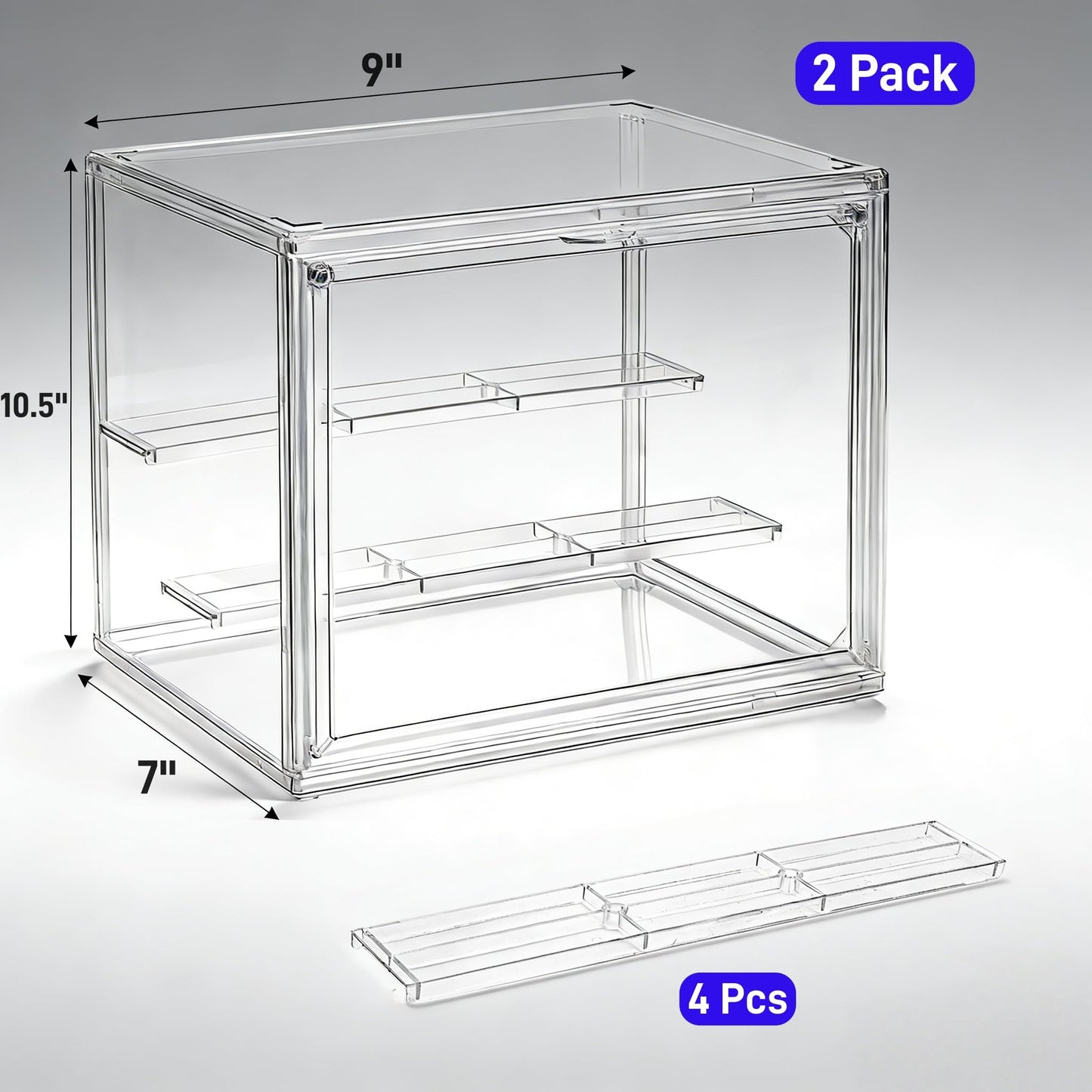 YIMITEE 2 Pack Clear Acrylic Display Case, 3 Tier Small Adjustable Display Box, Collectible Showcase with Magnetic Door, Figure Storage Shelf, Stackable Purse Organizer for Closet, Book, Cosmetic