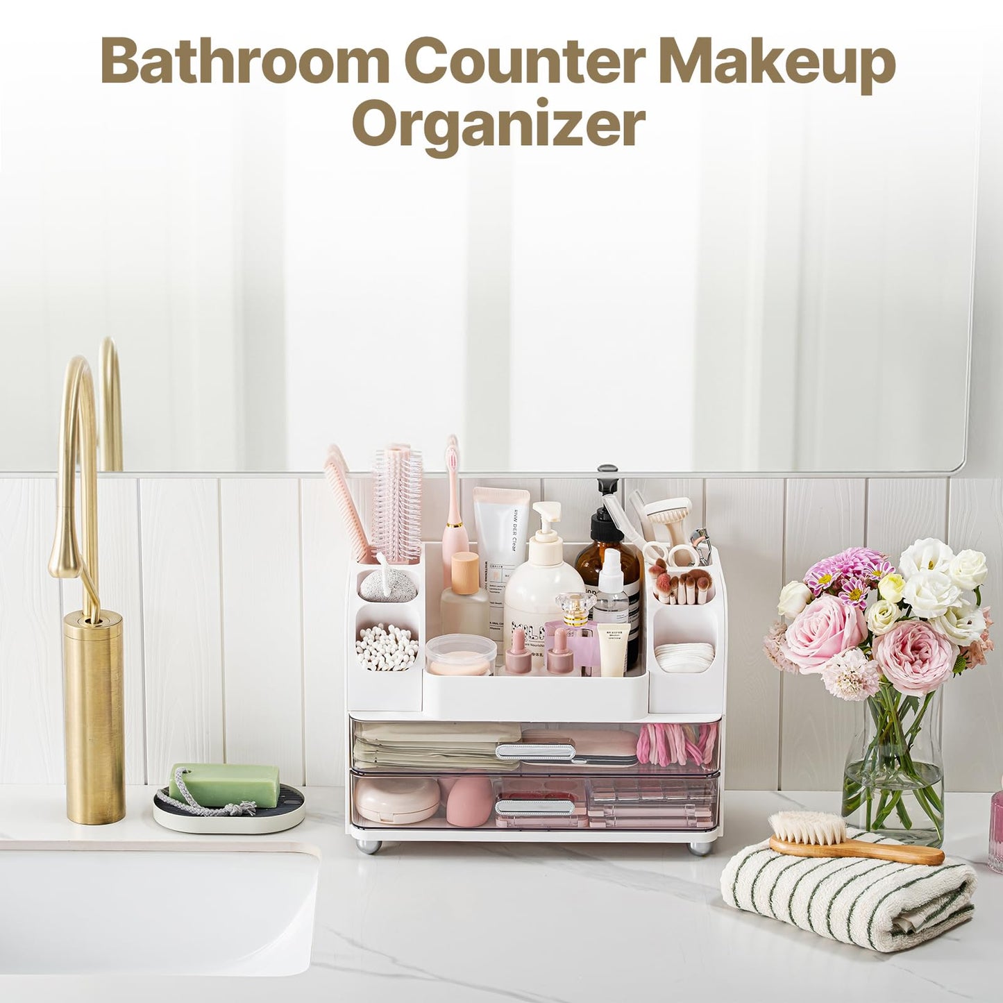 Makeup Organizer with Brush Holder, Makeup Organizer Countertop with 2 Drawers, Make up Organizers for Vanity, Vanity Organizer, Makeup Storage For Skin Cares,Makeup Brushes,Lipsticks,Perfumes(White)