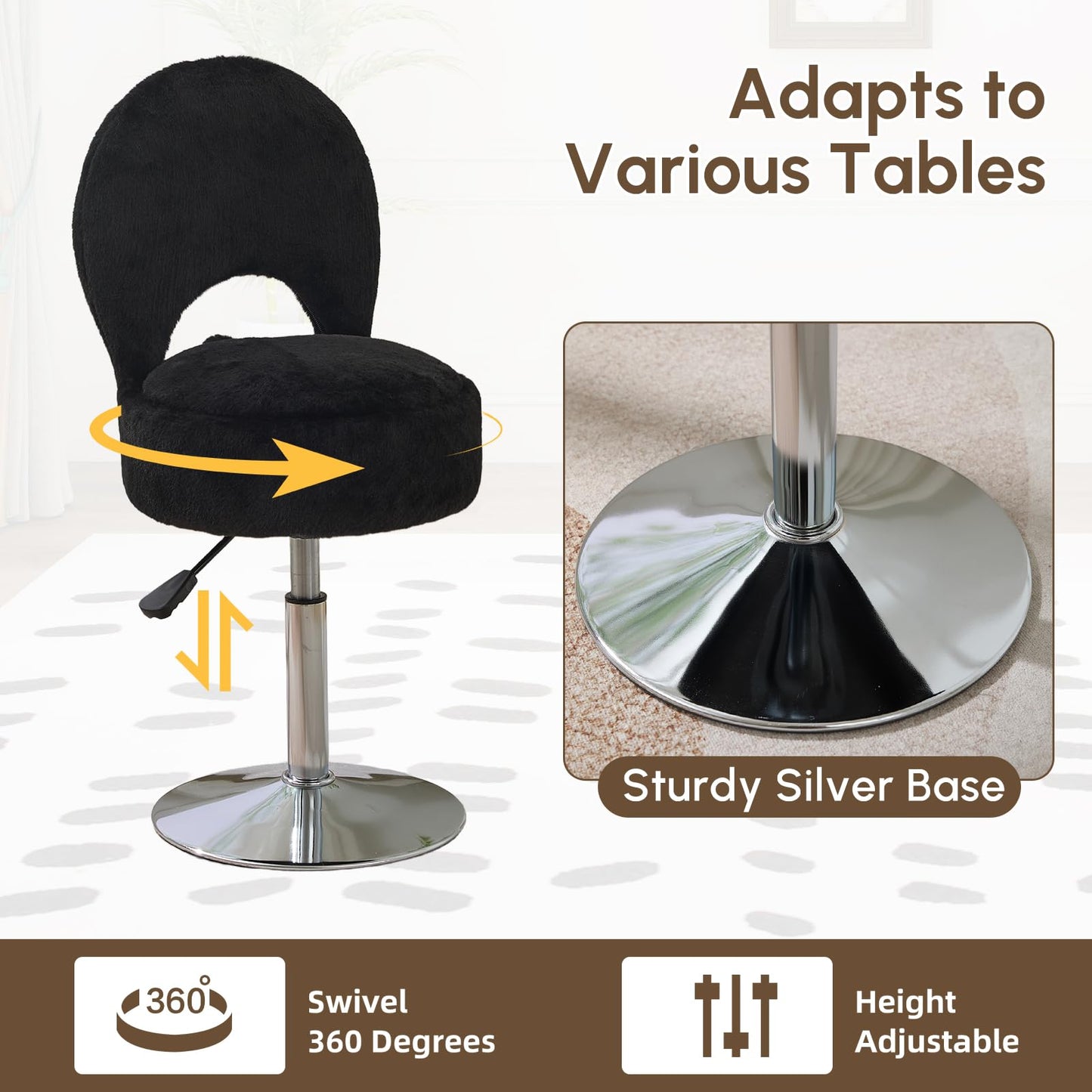 RUCUKEN Small Black Vanity Stool Chair with Storage Ottoman Adjustable Vanity Chair with Folding Back, Makeup Ottoman Stool for Vanity Chrome Finish