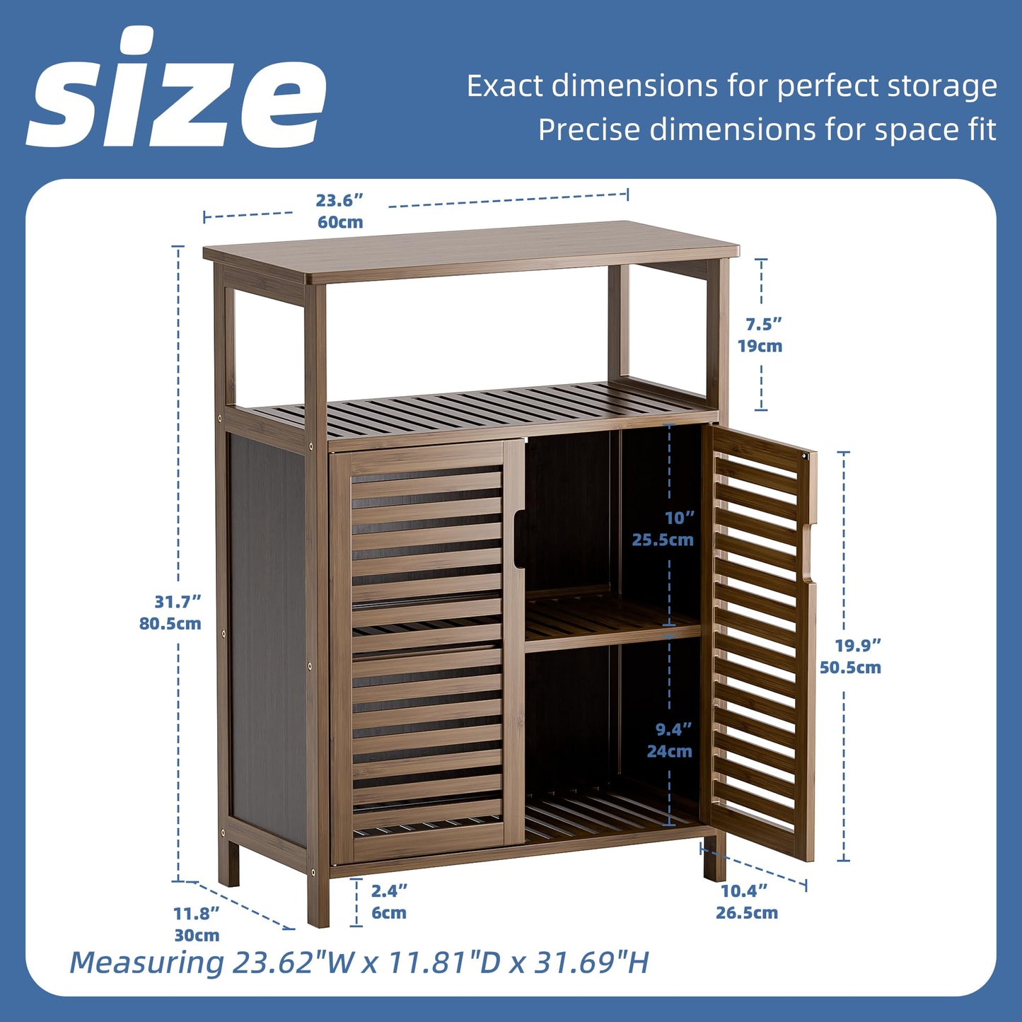 HITNET Bathroom Storage Cabinet, Bamboo Floor Cabinet with Double Doors and Open Shelf, Freestanding Cupboard for Living Room, Kitchen, Entryway, Walnut