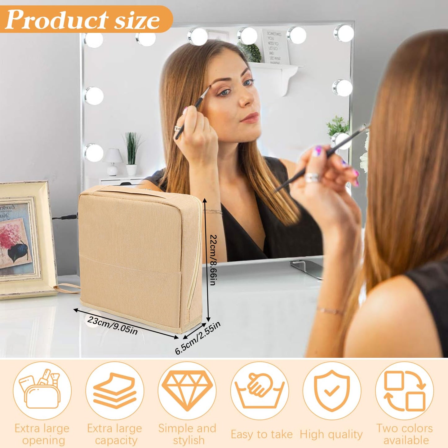 Doresty Makeup Bag,Portable Large Capacity Waterproof Standing Make up Bag,Multi-Purpose Large Capacity Oxford Cloth Standing Makeup Bag,Stationery Storage(Beige)