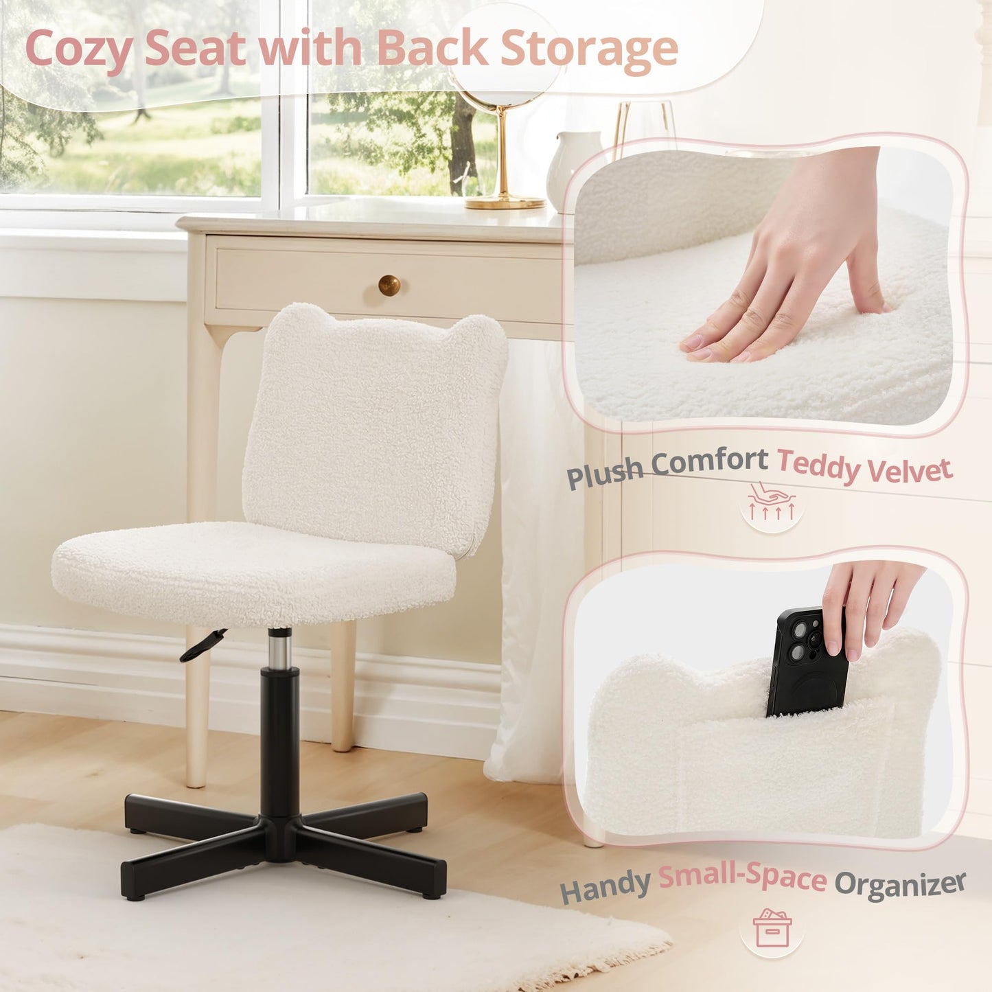 LUE BONA Adjustable Vanity Stool Chair with Girly Bear Ear Wide Back, 360° Swivel Vanity Stool for Makeup Room, Upholstered Teddy Velvet Ottoman for Teen Girls, 350lbs, Beige