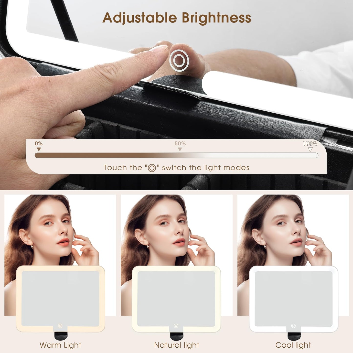 Faquenc Makeup Case with LED Lighted Mirror 11.4 Inch Travel Makeup Bag Adjustable Brightness in 3 Colors Cosmetic Organizer Artist Storage Bag with Dividers Brush Holder Bag Vanity Grey