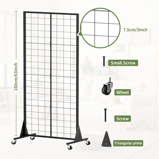 RCZSCBK 3-Pack 2' x 5.5' Grid Wall Panels Standing Wire Grid, Display Rack with T-Base Wheels Freestanding Gridwall Panel Tower for Shop, for Art Fairs Black