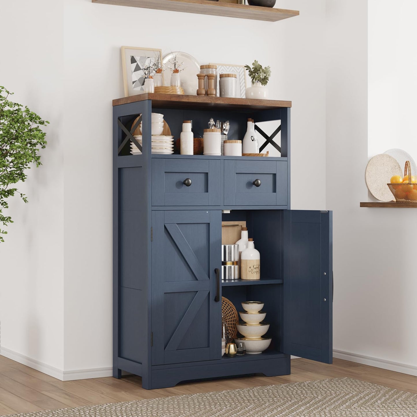 Befrases Farmhouse Blue Storage Cabinet with Barn Doors and Drawers, Small Freestanding Kitchen Pantry Cabinet, Hutch Cupboard for Kitchen, Laundry, Living Room,Bathroom