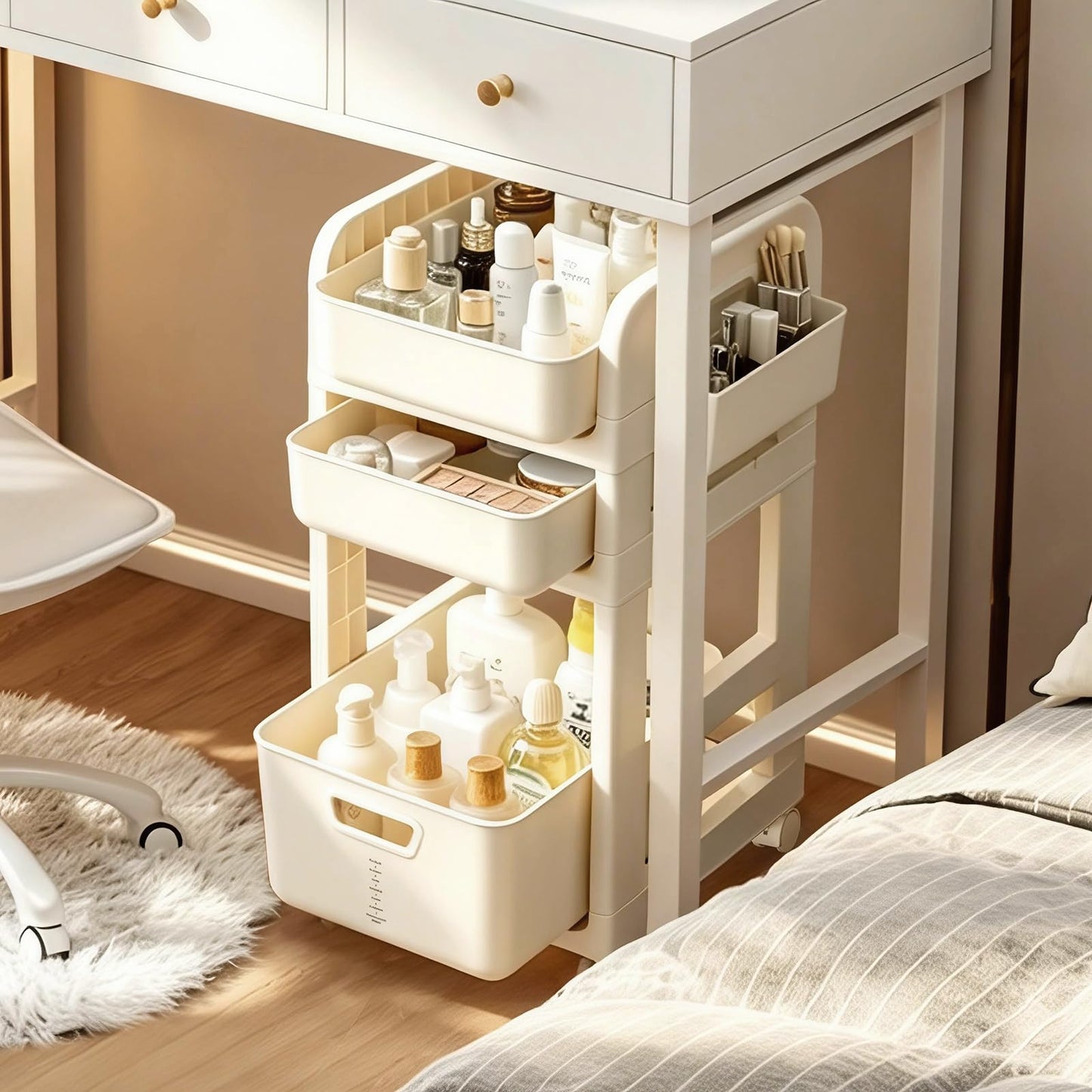 Rolling Makeup Organizer Cart with Removable Drawer, 3 Tier Stable White Floor Skincare Storage Cart for Vanity, Cosmetic Display, Nail Polish, Perfume, Hair Stuff, Beauty, Bathroom (3 Tier White)