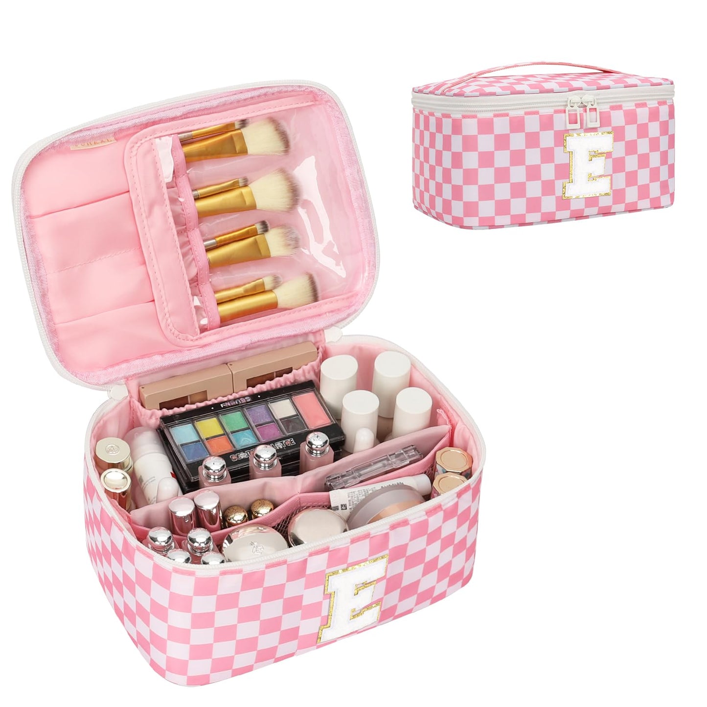 OCHEAL Makeup Bag for Women, Monogram Cosmetic Bag Pink Travel Makeup Case Beauty Toiletry Bag Organizer Personalized Gifts for Girls Bridesmaid, Sister, Wife, Friends Initial E