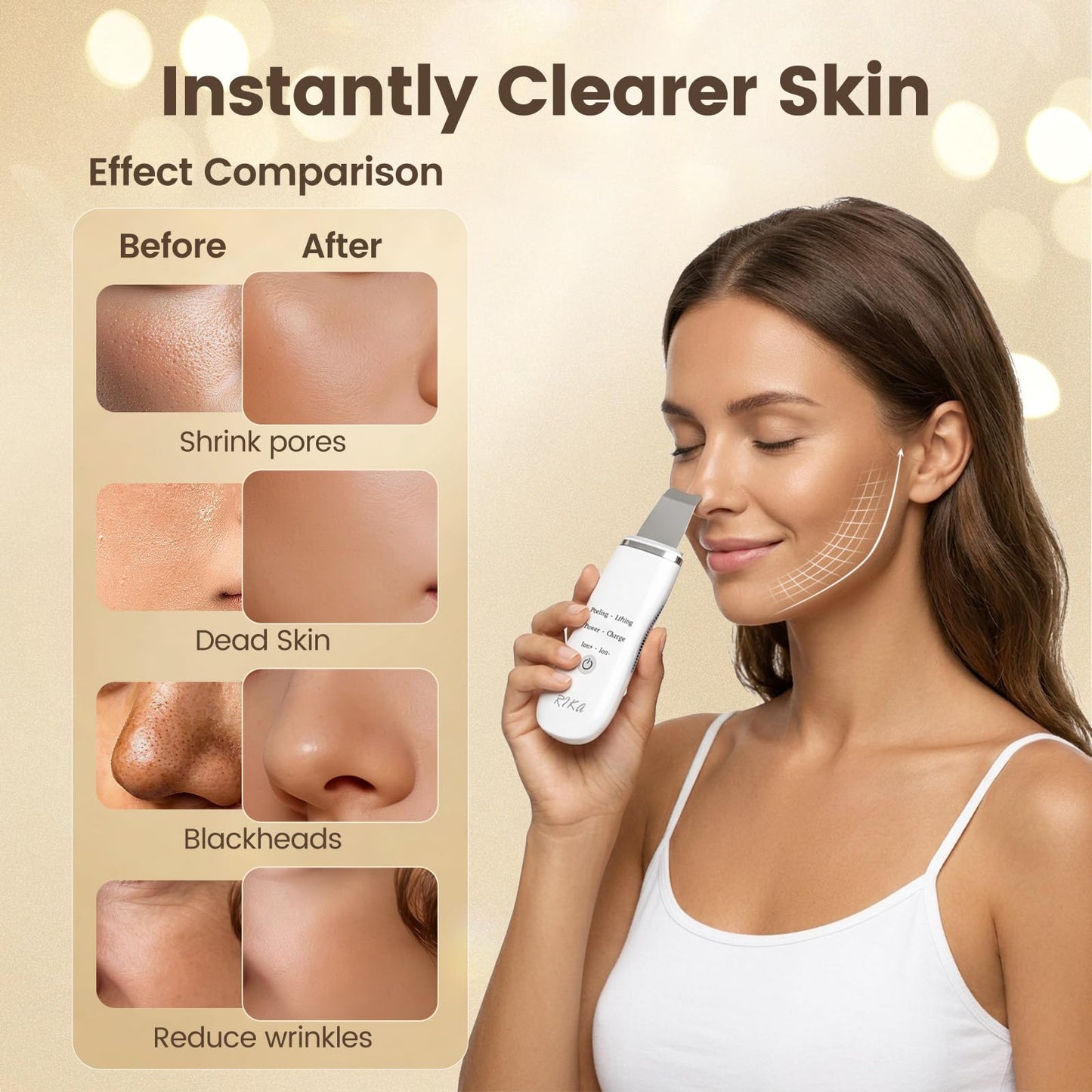 Rika Skin Care Tools, Skin Scrubber Waterproof Facial Spatula, Blackhead Removal Tools, Pore Cleaner with 4 Modes, Pore Scrubber for Deep Cleansing, Face Exfoliator Scrubber for Women Men