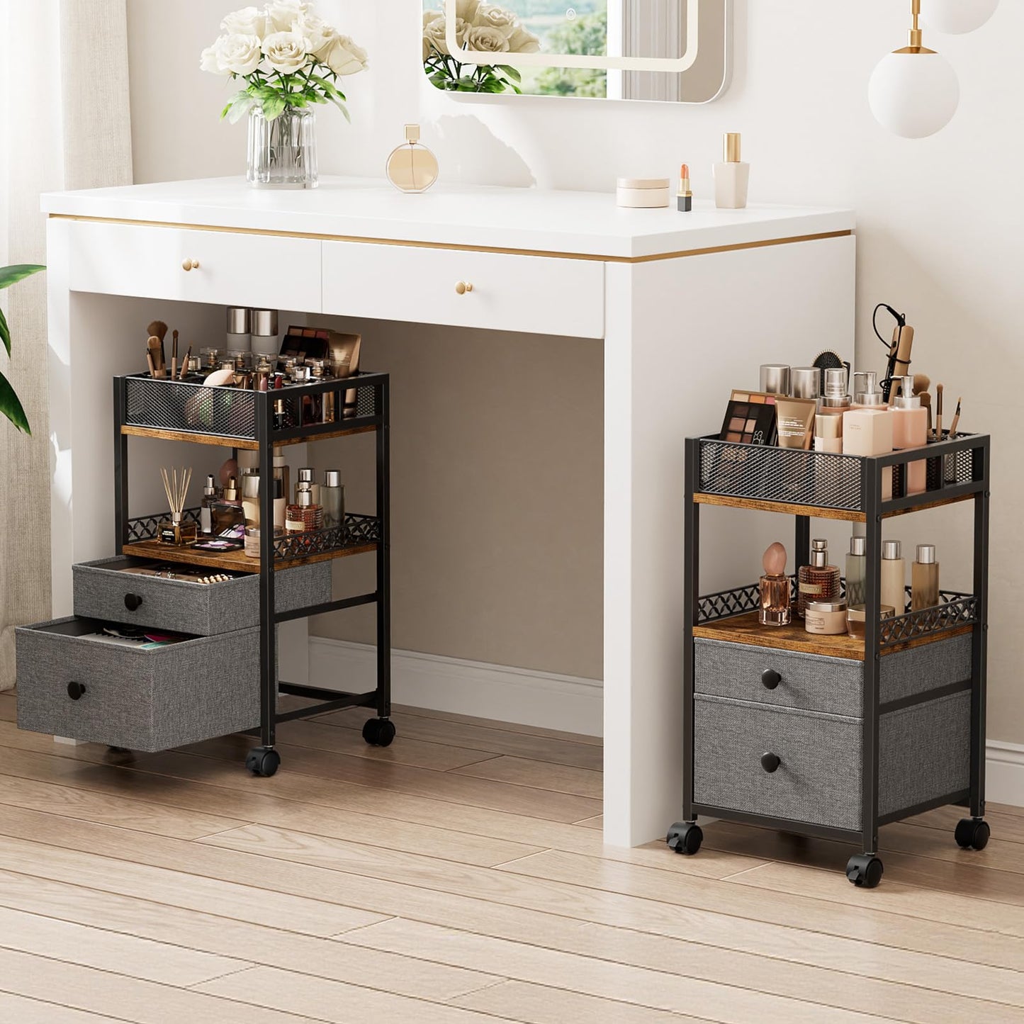Plaviya Rolling Makeup Cart Organizer, Under Desk Skin Care Storage with 2 Drawers, Floor Vanity Organizer Bathroom Storage for Perfume Skin Care Nail Polish, Black