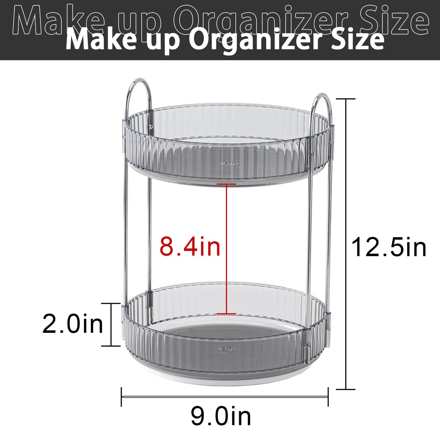 shuang qing Rotating Makeup Organizer for Vanity, High-Capacity Skincare Clear Make Up Storage Perfume Organizers Cosmetic Dresser Organizer Countertop 360 Spinning (Gray, 2 Tier)