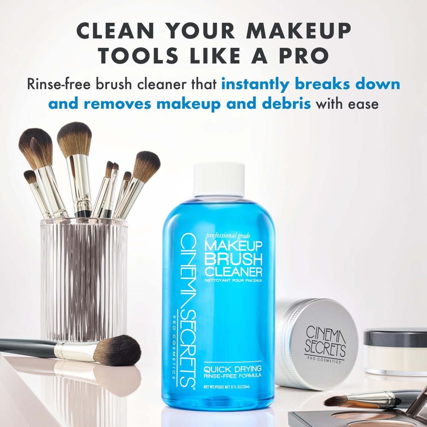 Cinema Secrets Original Blue Vanilla Makeup Brush Cleaner Solution - Professional Cleanser for Makeup Brushes - Quick-Drying, Rinse-Free Formula - Removes Stubborn Waterproof Make Up (2 fl oz)