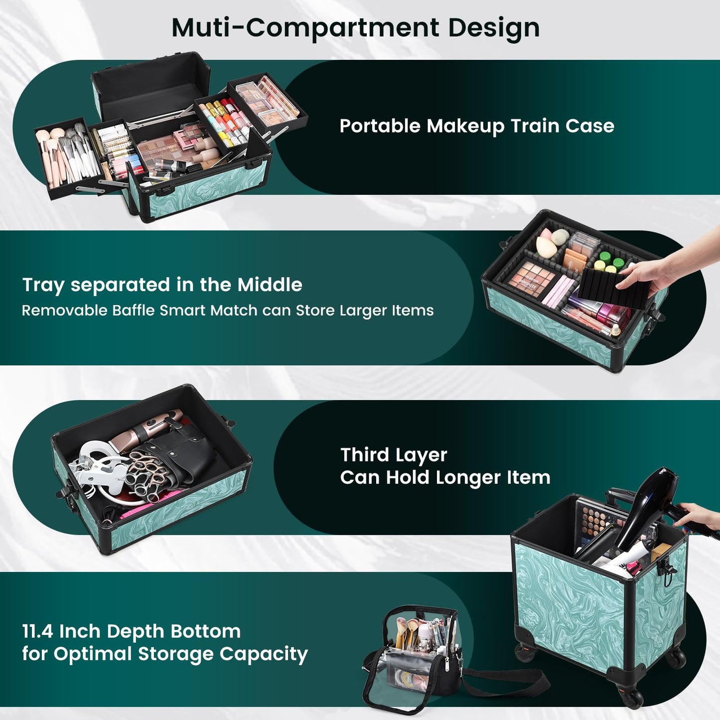 Stagiant Rolling Makeup Case 4 in 1 Cosmetology Case on Wheels Makeup Travel Case with Cosmetic Bag Key Swivel Wheels Salon Barber Case Traveling Cart Trunk Cosmetic Trolley Alpine Blue