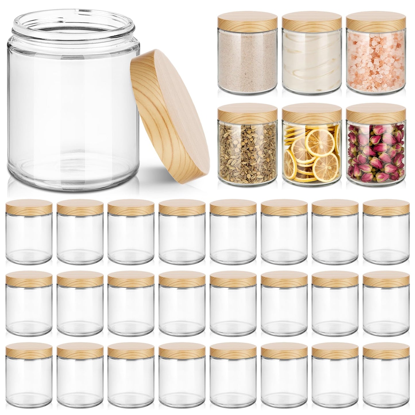 24Pcs 8 oz Clear Glass Candle Jars with Plastic Woodgrain Lids, Bumobum Body Butter Containers for Lotion, Creams, Body Scrubs, Ointments (240ml)