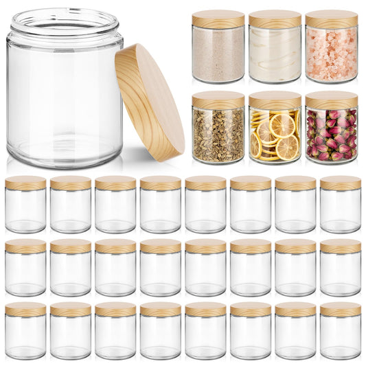 24Pcs 8 oz Clear Glass Candle Jars with Plastic Woodgrain Lids, Bumobum Body Butter Containers for Lotion, Creams, Body Scrubs, Ointments (240ml)