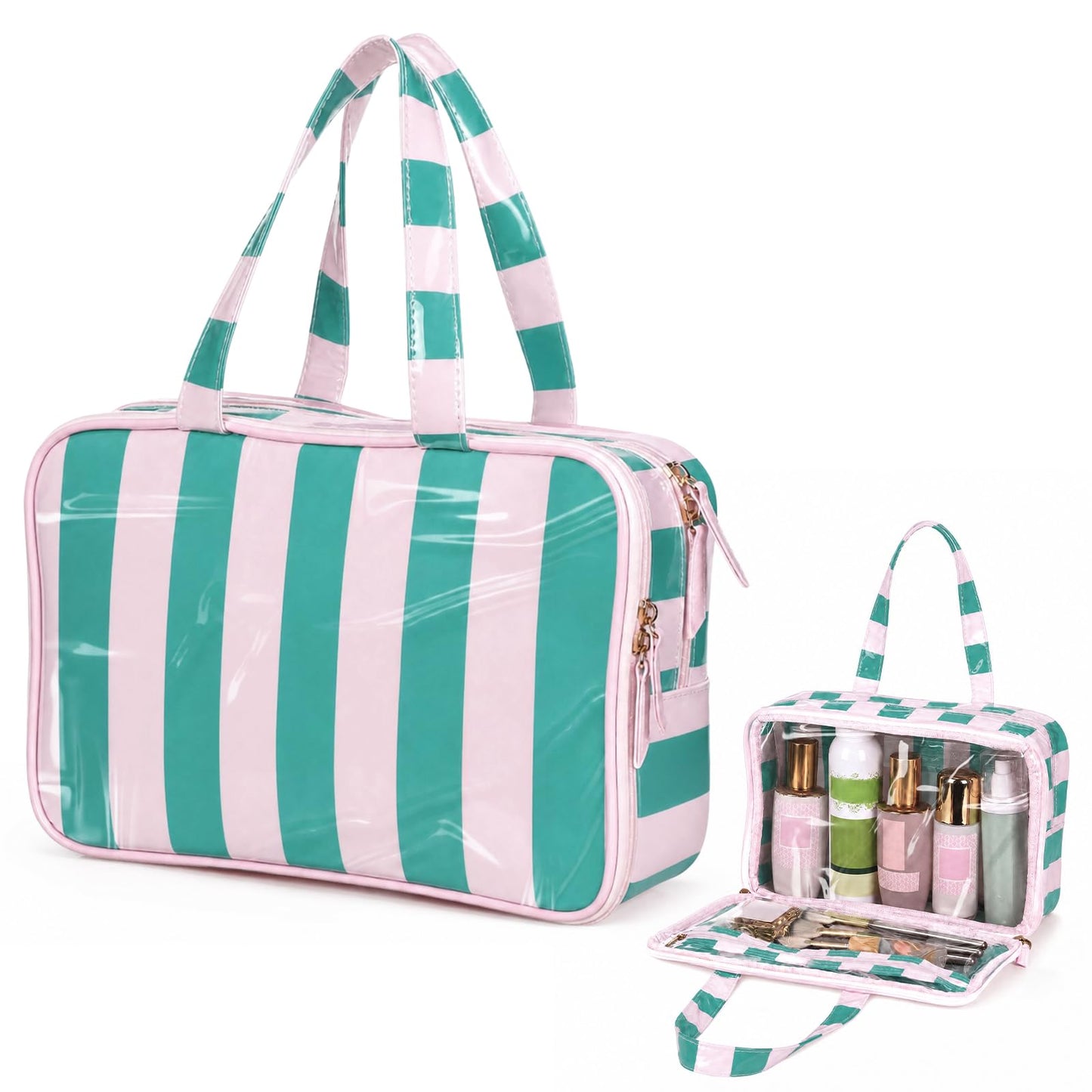 SilTriangle Travel Toiletry Makeup Bag for Women, Striped Waterproof Polyester Cosmetic Bag with Handle, Portable Organizer Case with Fold-out Compartments for Skincare, Conditioner, Brushes(Green)