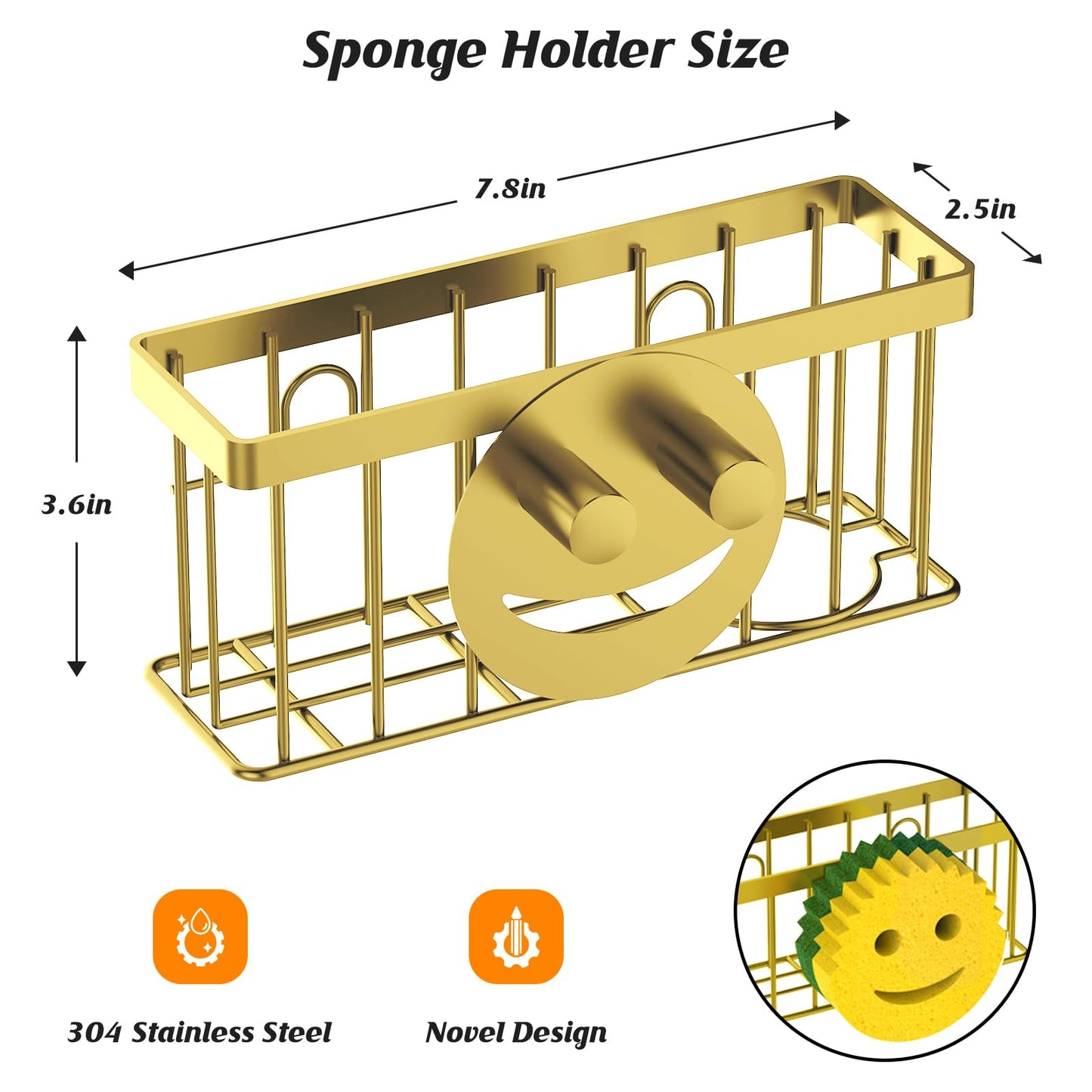 MURLONG Sponge Holder Smiley Face, Sink Caddy for Kitchen Sink, Sink Organizer Sponge Holder with 2 PCS Suction Cups/1 PCS Adhesive Strips, Designed for Sponge, Soap, Dish Brush, Scrubber-Gold