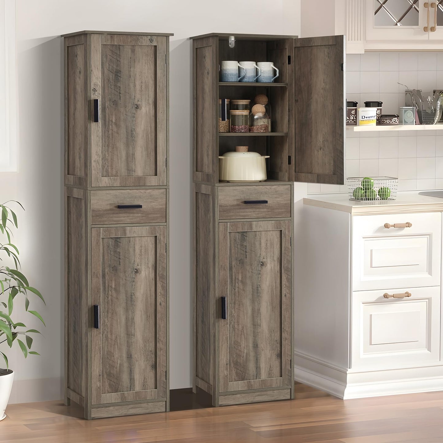 usikey 67'' Tall Storage Cabinet, Narrow Bathroom Floor Storage Cabinet with 4 Shelves & 2 Doors, for Bathroom, Living Room, Rustic Gray UNSNG040M