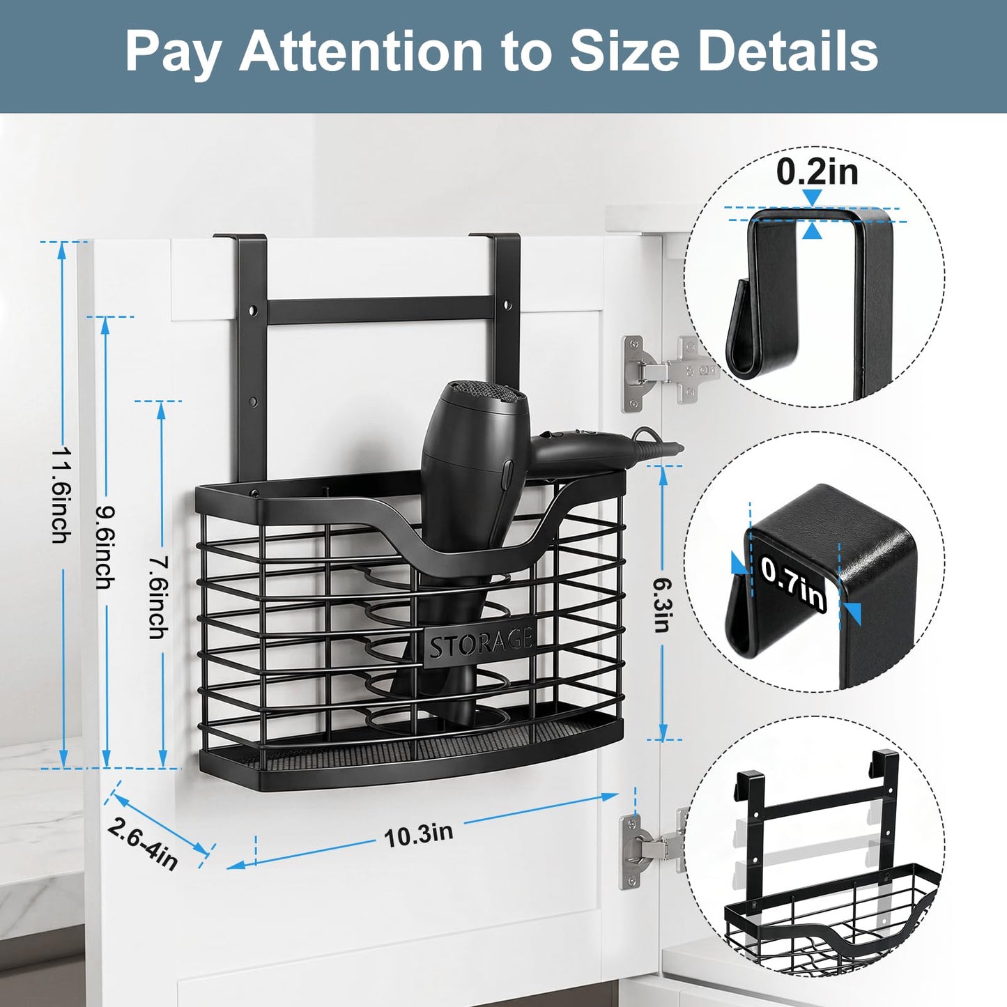 KIMERSE Hair Tool Organizer, Stainless Steel Hair Dryer Holder for Dresser, Bathroom Countertop & Cabinet Door, Wall Mount Storage Basket for Holding Hairdressing Curler, Blow Dryers, Shaver, Comb