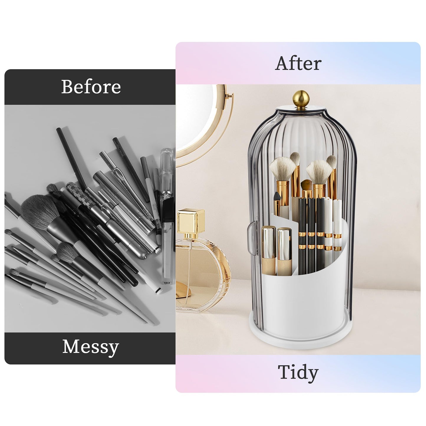 CHIZEKOO Makeup Brush Holder with Lid 360 Rotating Makeup Brush Organizer (Grey)