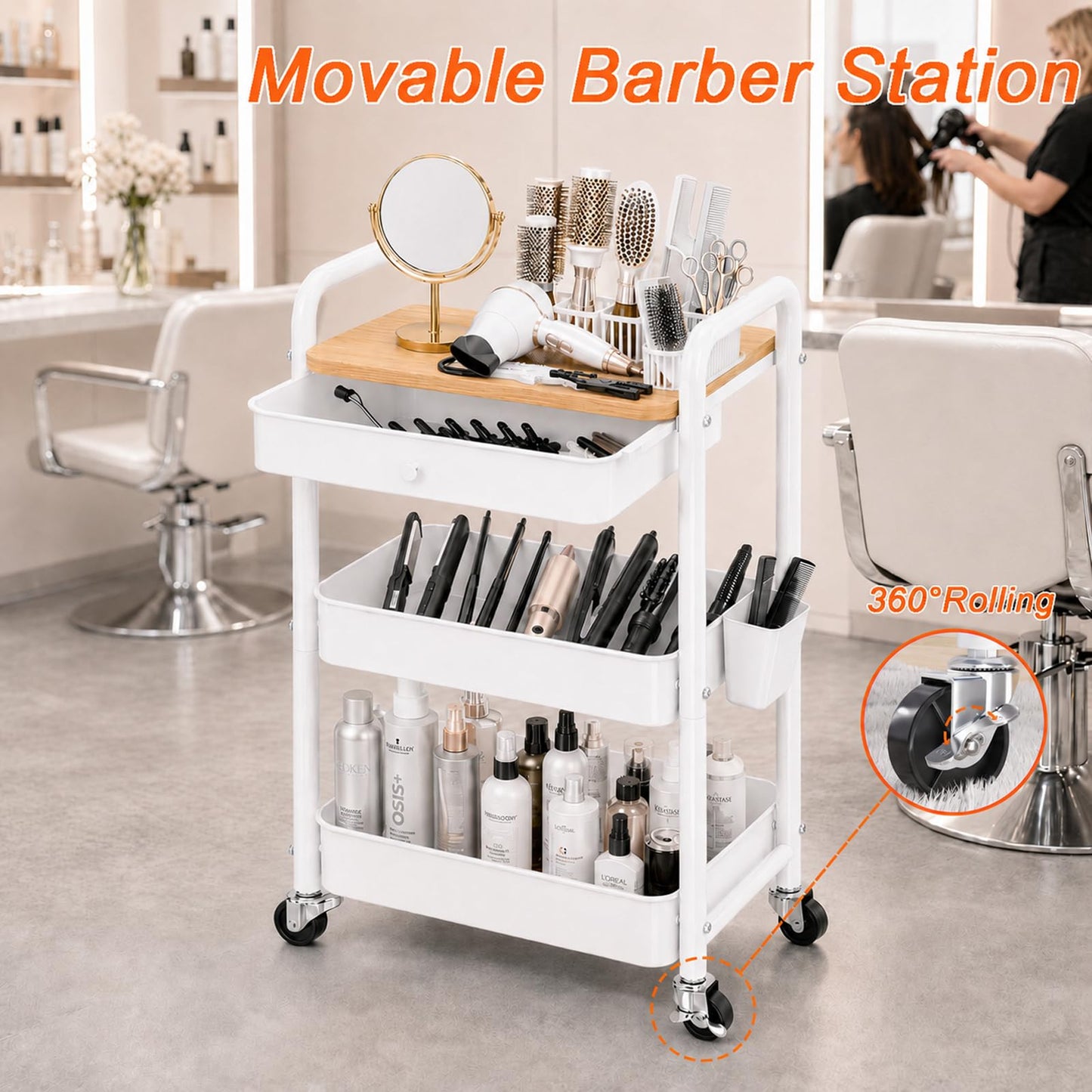 3 Tier Metal Rolling Cart with Drawers, Makeup Organizer Cart with Wheels for Skin Care/Lash/Hair Product/Perfume, Esthetician Pedicure Carts for Nail Techs, Vanity, Bathroom,Craft Storage Carts,White