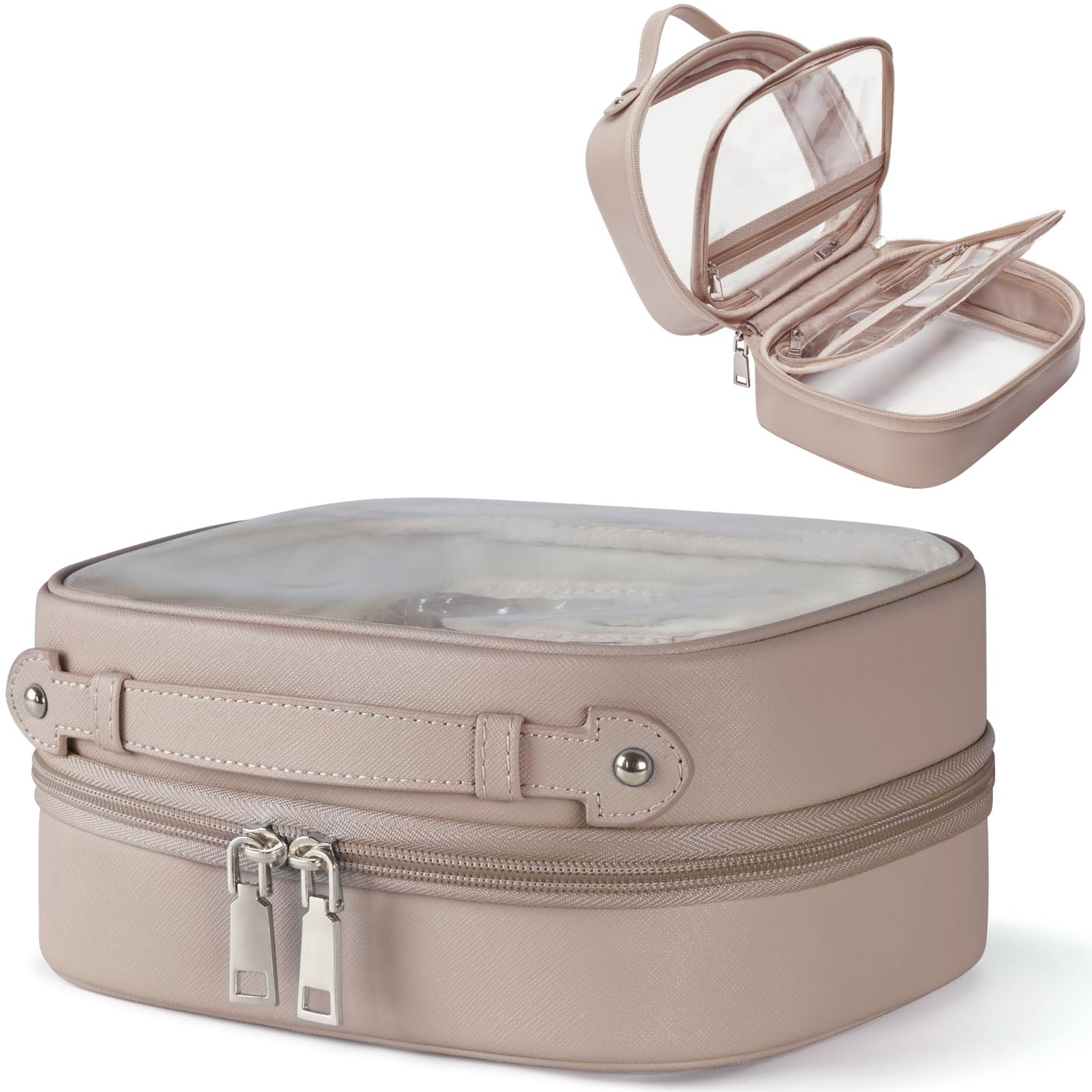 Oaque Clear Cosmetic Bag Double Layer 4 Compartments Travel Toiletry Bag Clear Makeup Bag Case with Zipper Transparent Travel Bag for Toiletries, Gift for Women Girls (Taupe, Small)