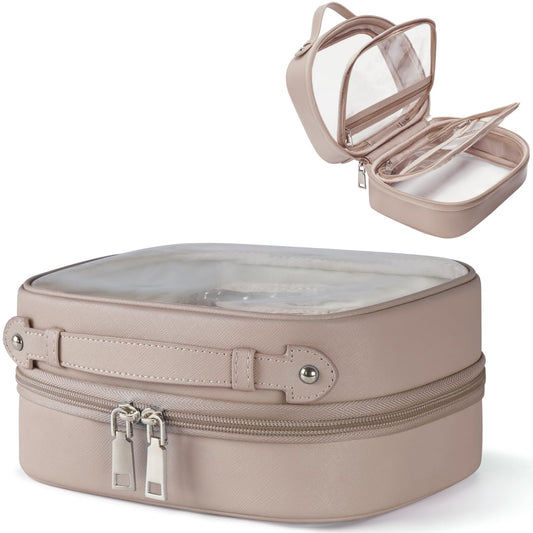 Oaque Clear Cosmetic Bag Double Layer 4 Compartments Travel Toiletry Bag Clear Makeup Bag Case with Zipper Transparent Travel Bag for Toiletries, Gift for Women Girls (Taupe, Small)
